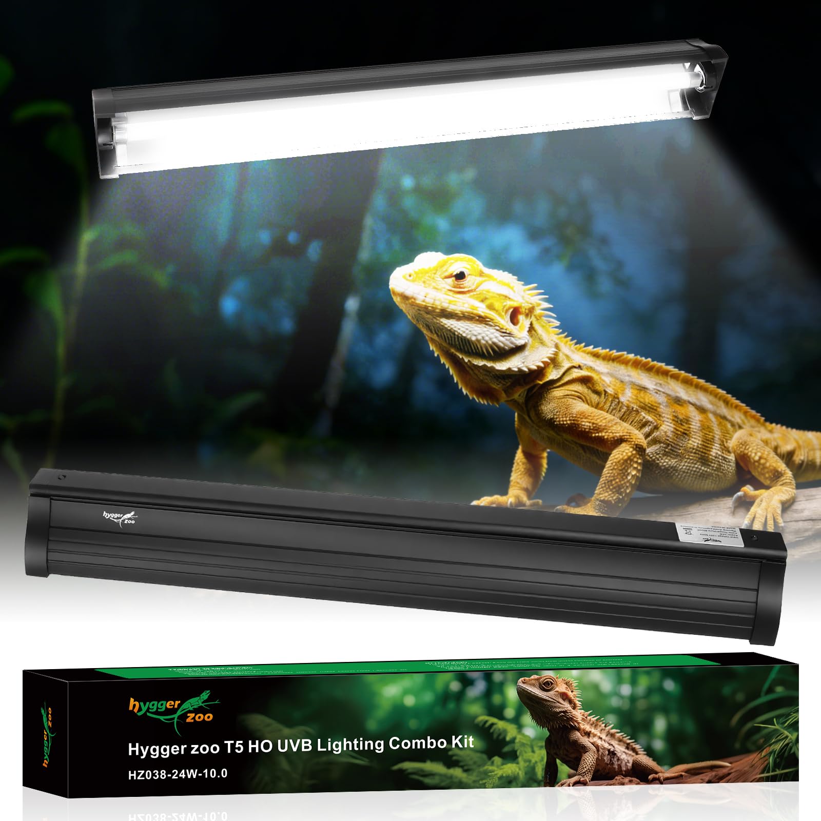 UVB Light for Reptiles Bearded Dragon, T5 UVB Reptile Light Fixture HO UVB Bulb Lighting Combo Kit 10.0 24W UVA UVB Reptile Light Bulb Terrarium Lamp Tube Bar for Snake Gecko Turtle Lizard, 22 Inch