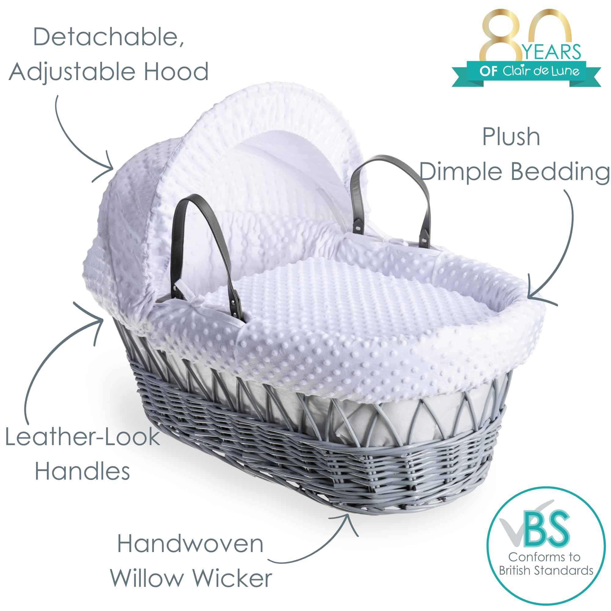 Clair de Lune Dimple - Culla in vimini grigio con supporto a dondolo grigio deluxe, 68 x 30 cm, colore: bianco
