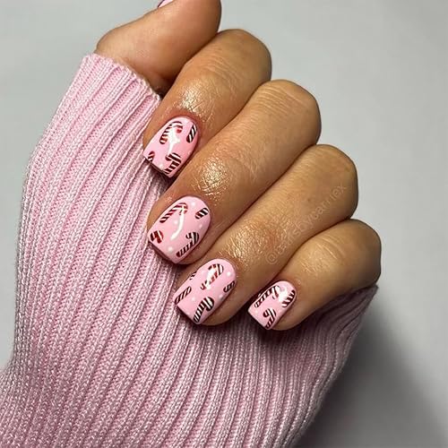 Pink Press on Nails Short Square Fake Nails Christmas Cane