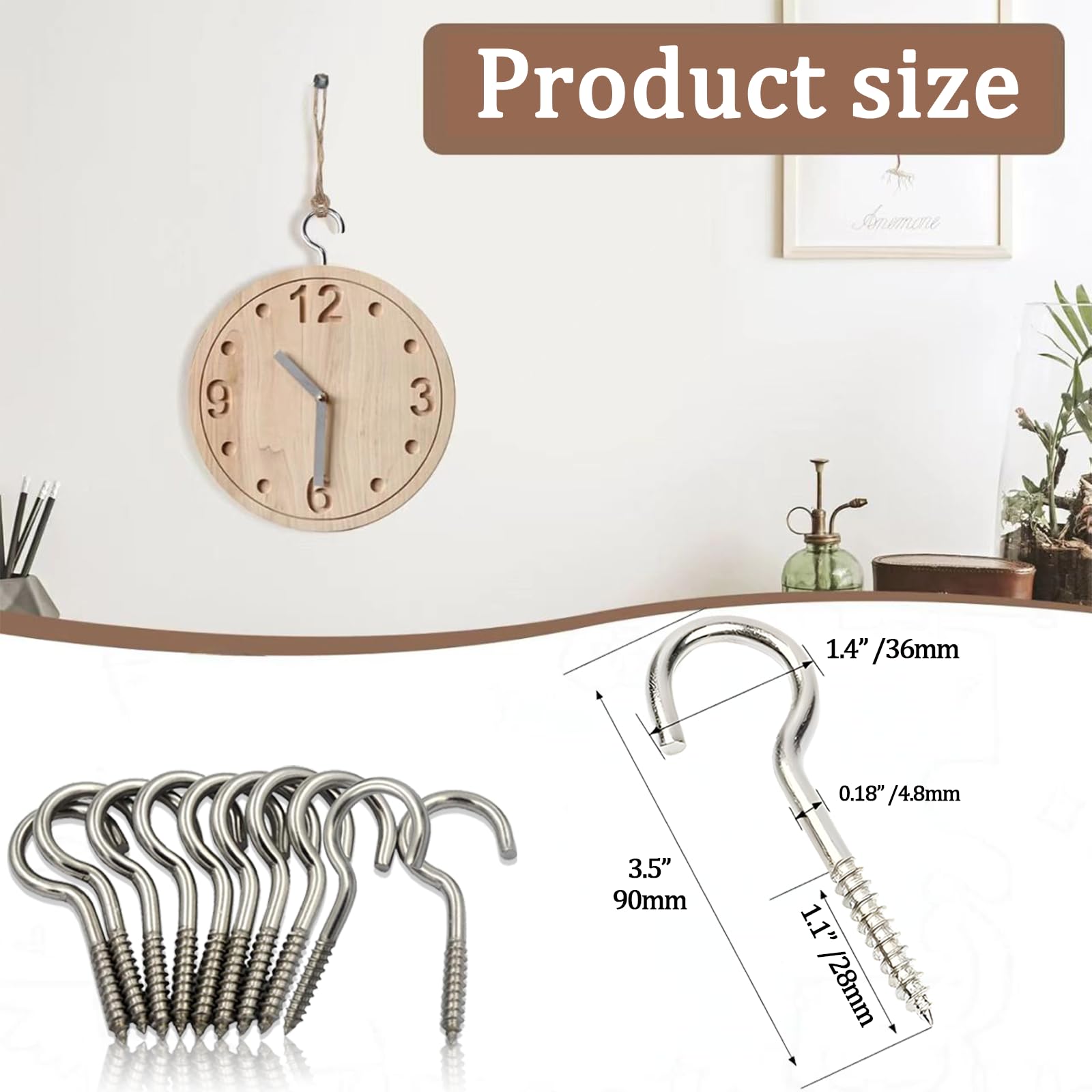 Lubgitsr M6 Screw-in Hooks, Large Heavy Duty Hooks, Nickel Plating Eyebolts for Garden Wood, Wall, Size: 90mm (3.54") Pack of 10pcs - Image 2
