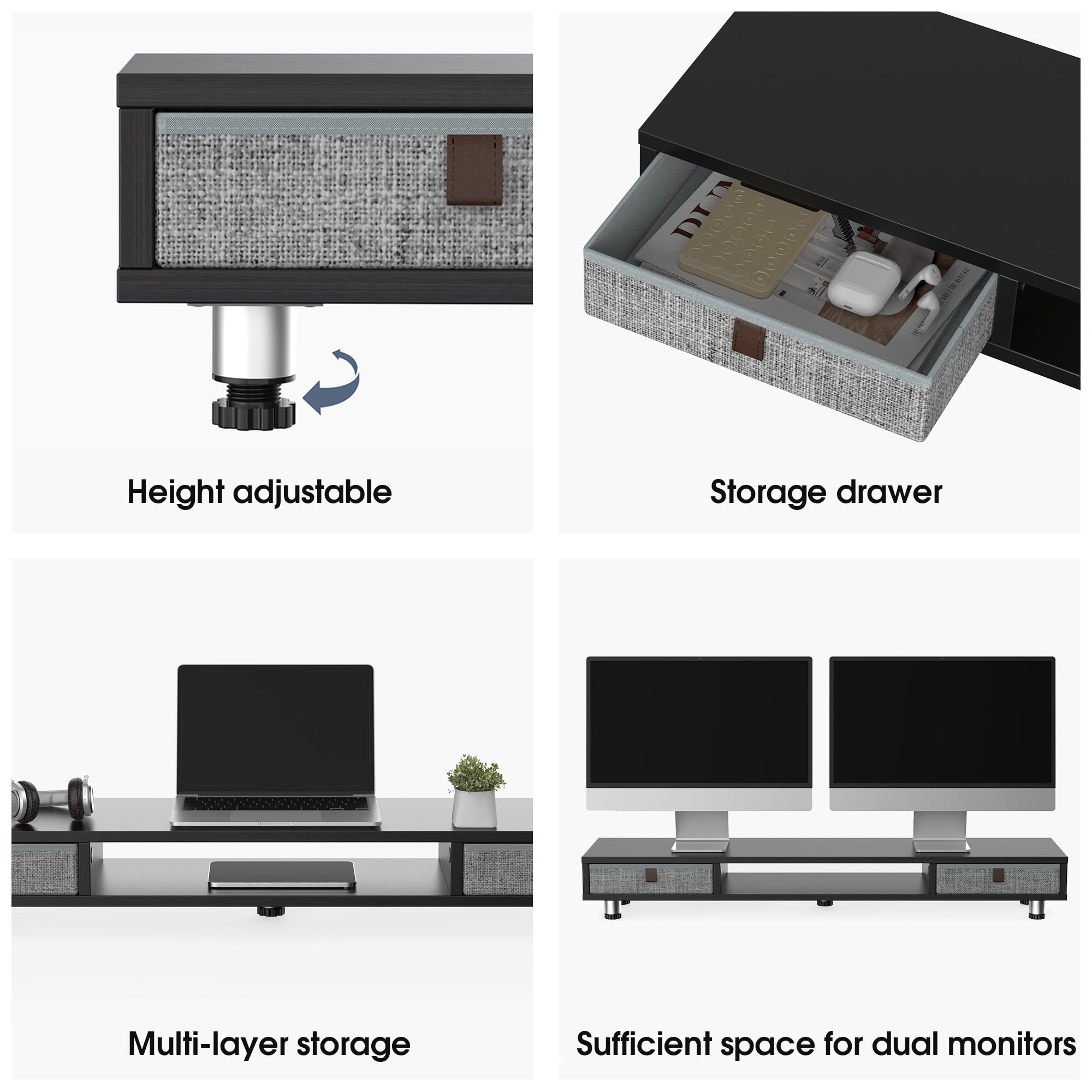 Fenge Supporto per Doppio Monitor con 2 Cassetti, Supporto per Monitor in Legno con Altezza Regolabile per PC/Laptop/stampante 108x23,5x15,2cm Nero