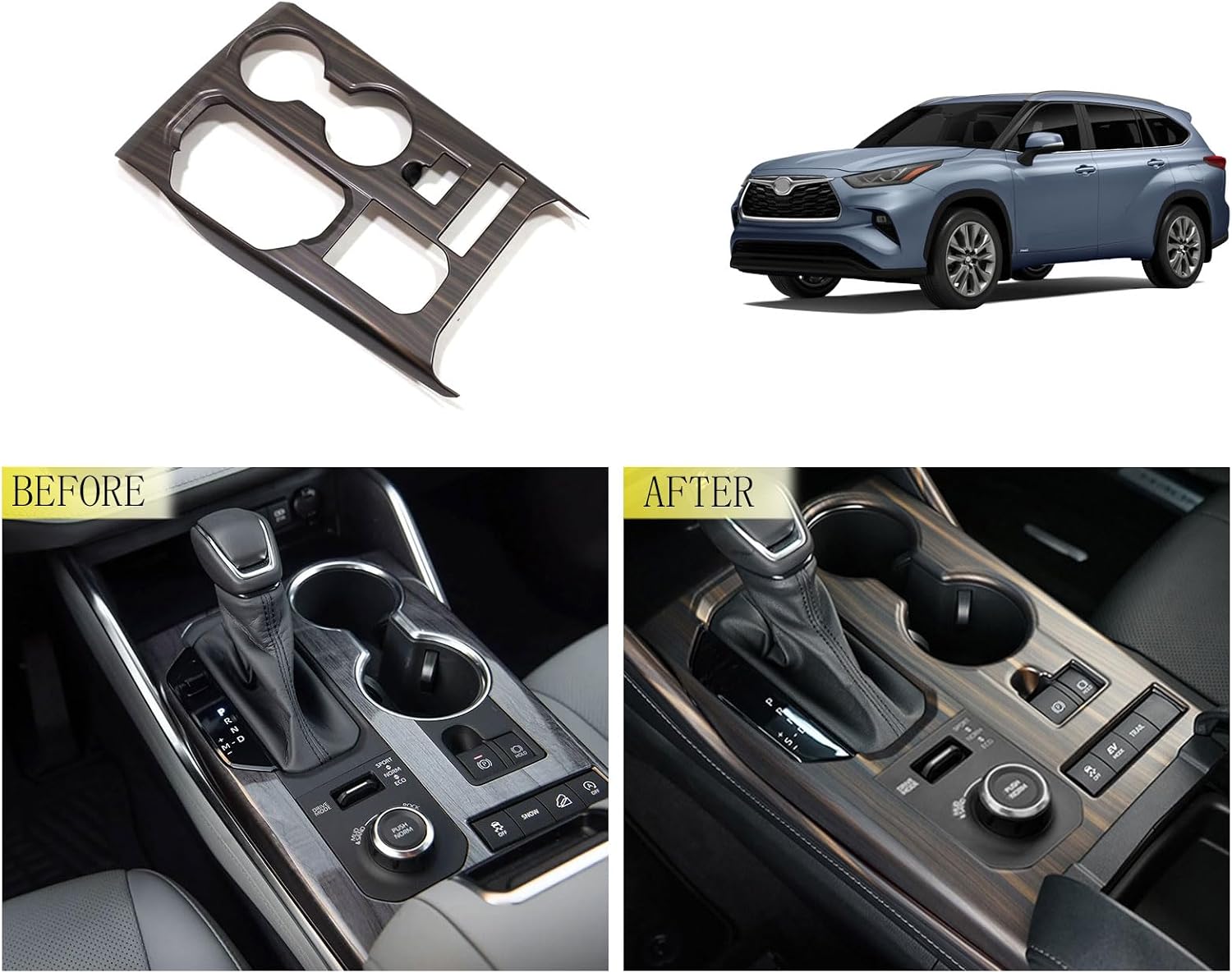 Car Gear Shift Frame Console Panel Trims Cover Cup Holder Frame Cover Fit for Toyota Highlander 2020 2021 2022(Peach Wood Style) 1 PCS