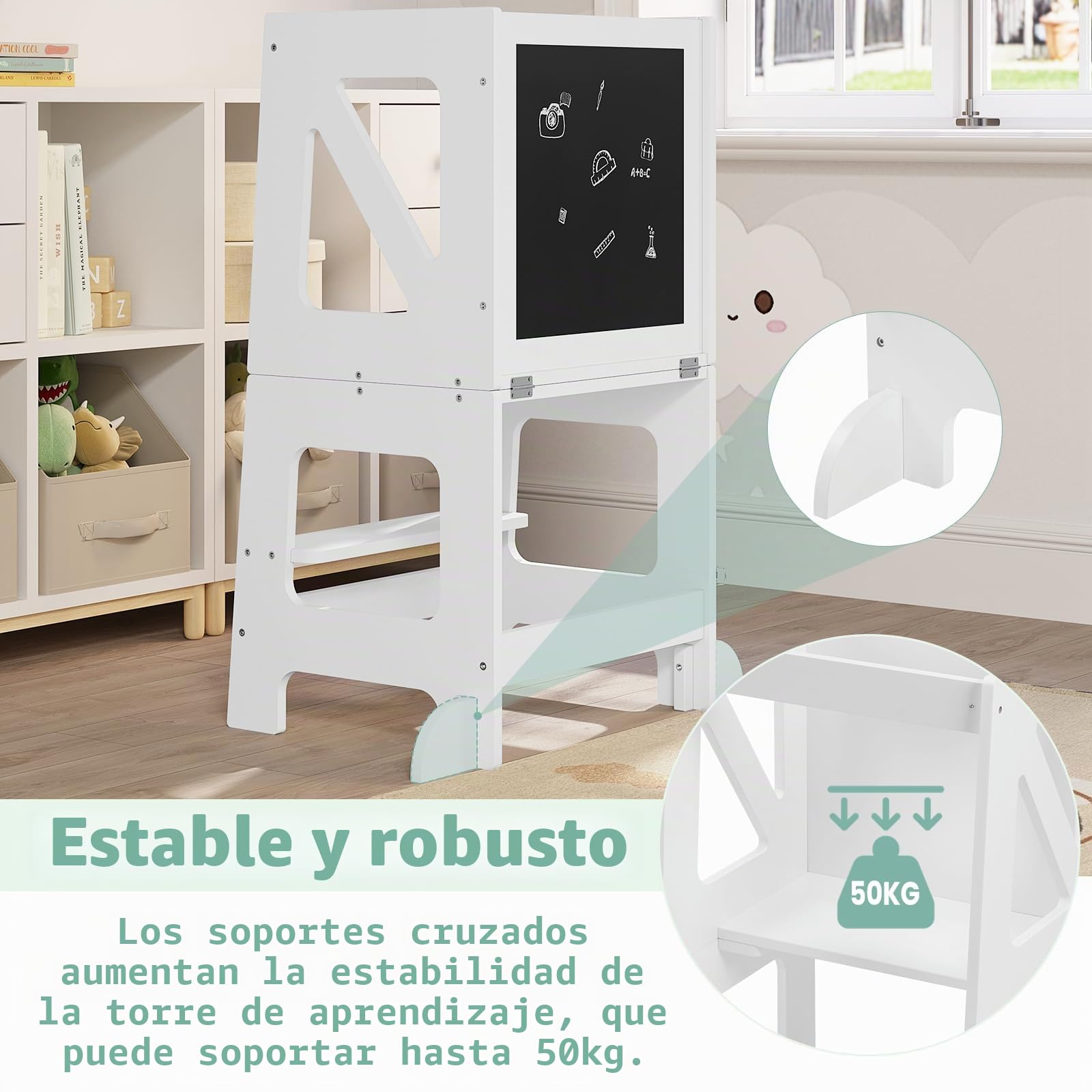 WOLTU Torre de Aprendizaje con Pizarra, Torre Montessori Plegable para Niños a Partir de 1 Año, Taburete Niños con Bordes Redondeados, Pies Antivuelco, Mueble Infantil Blanco
