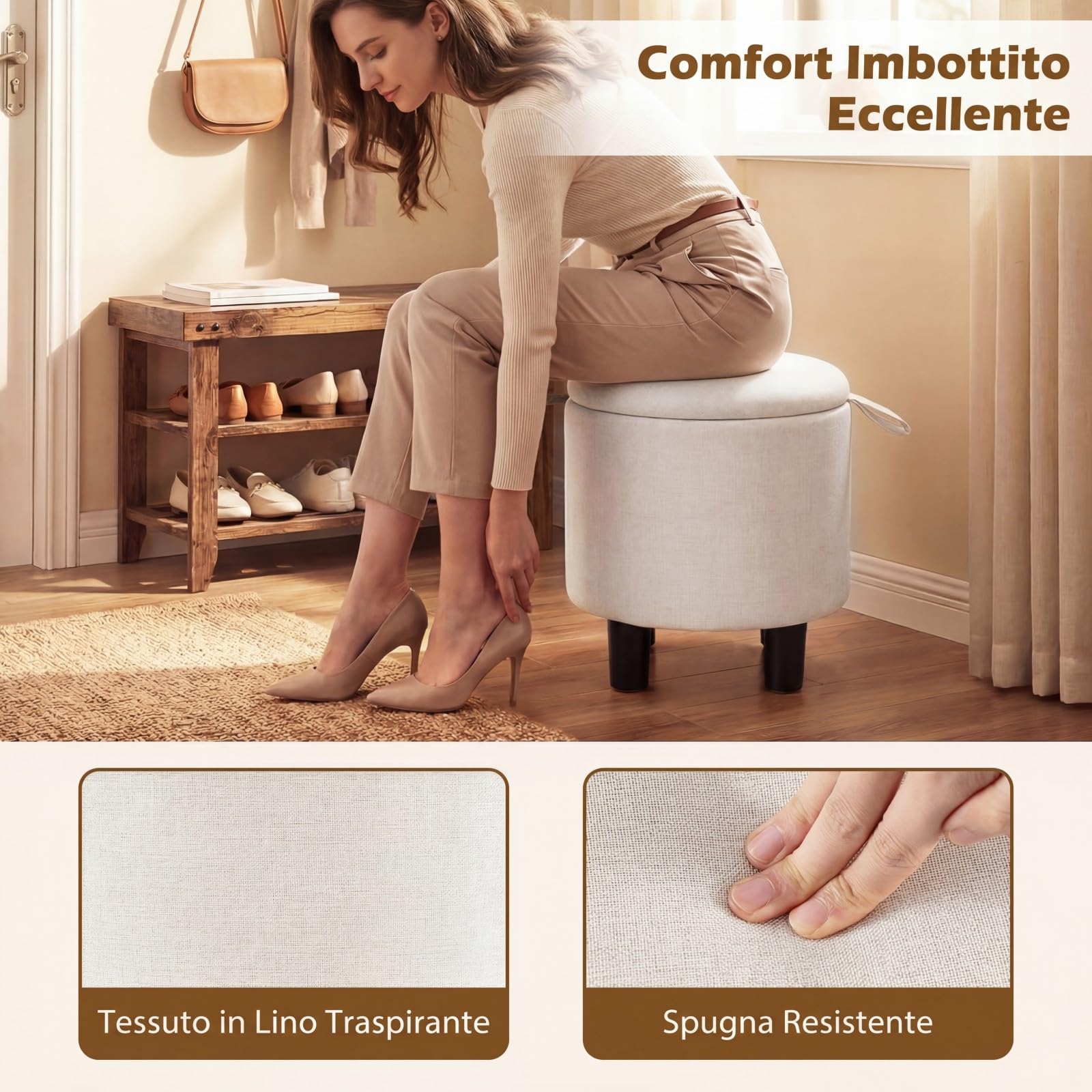 COSTWAY Pouf Contenitore Rotondo, Sgabello Poggiapiedi in Tessuto, con Coperchio Rimovibile, Poggiapiedi per Soggiorno e Camera da Letto, 38 x 38 x 42 cm