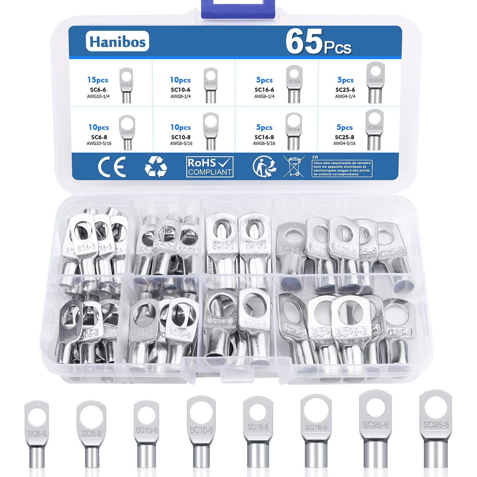 65 Pcs Cable Lugs, Hanibos Bolt Hole Tinned Copper Terminals Set Cable Ends Lugs Copper Ring Lug Terminals, Crimp Lugs Ring Battery SC Terminals Set