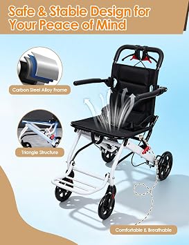 Ultra Light Portable Folding Wheelchair Weight 8.2kg,Ergonomic Seat and Backrest, Lightweight Portable Wheelchair with 280Degree Rotating Handrail, PU tire, and 360Degree Rotating Front Wheels A