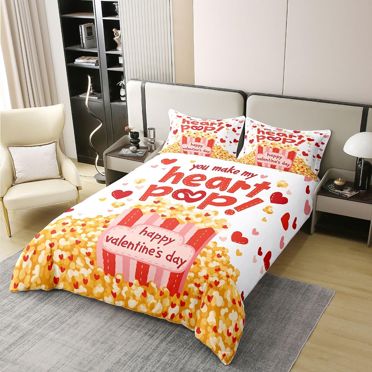 Homewish Popcorn - Set copripiumino super king size con 2 federe, in cotone rosso e giallo, set di biancheria da letto di lusso per festival, film, cinema, commedia
