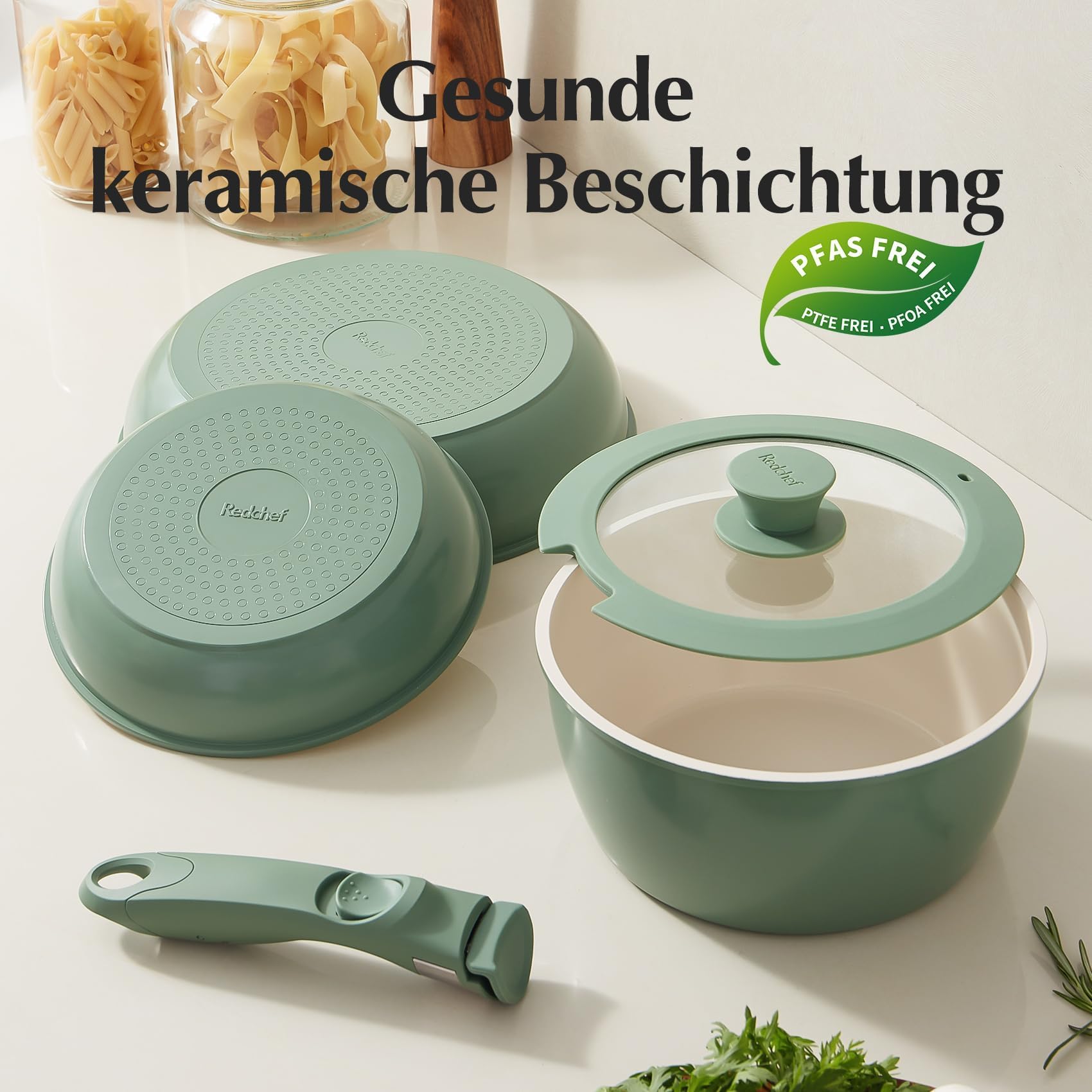 Redchef Set di pentole in ceramica con manico rimovibile, in ceramica, non tossico, per camper, per campeggio, senza PTFE, senza PFAS, senza PFOA, salvaspazio, lavabile in lavastoviglie, verde
