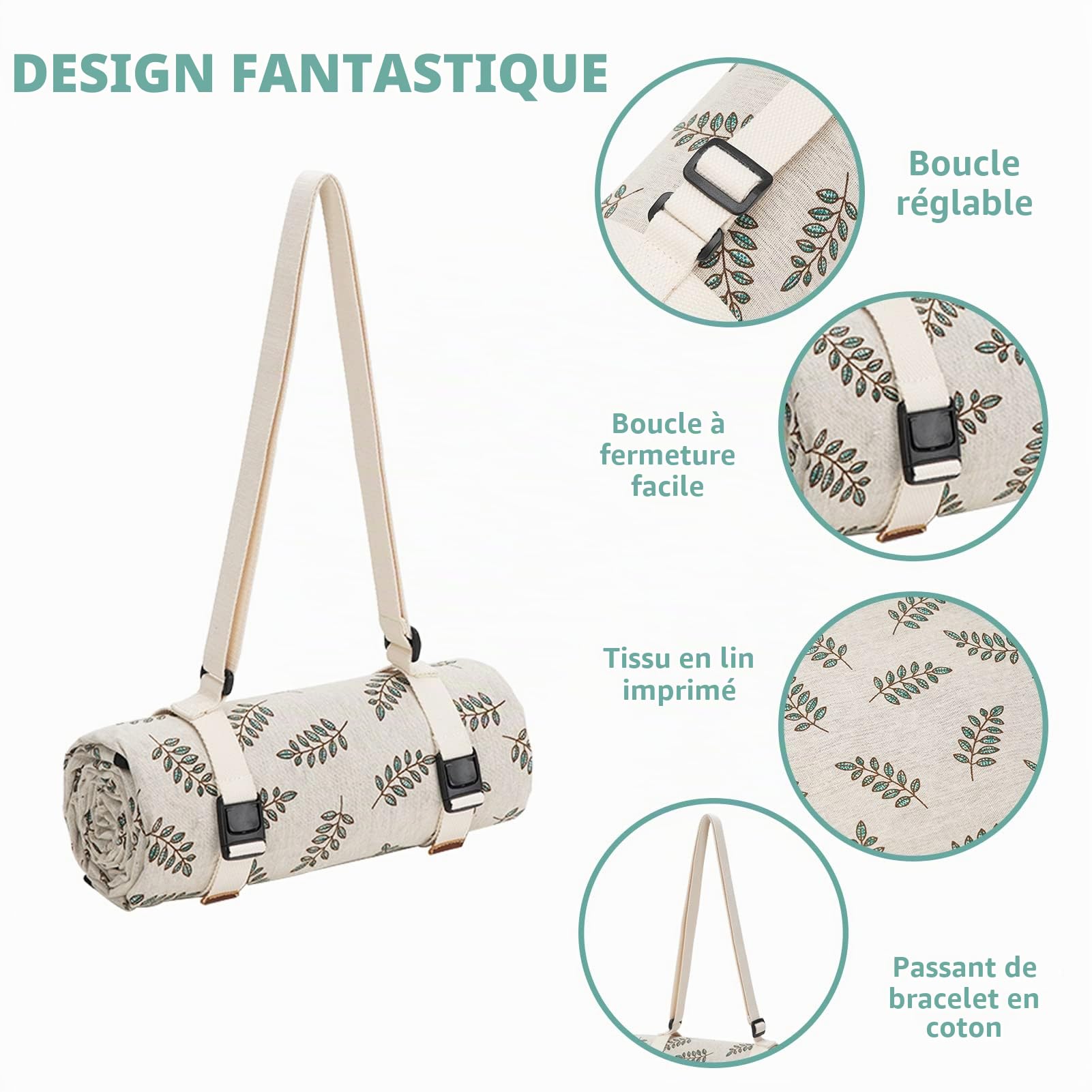 WILLOW WEAVE Couvertures de pique-nique lavables pour camping, couvertures d'urgence, paniers de pique-nique, accessoires avec dos imperméable et bandoulière – Feuille