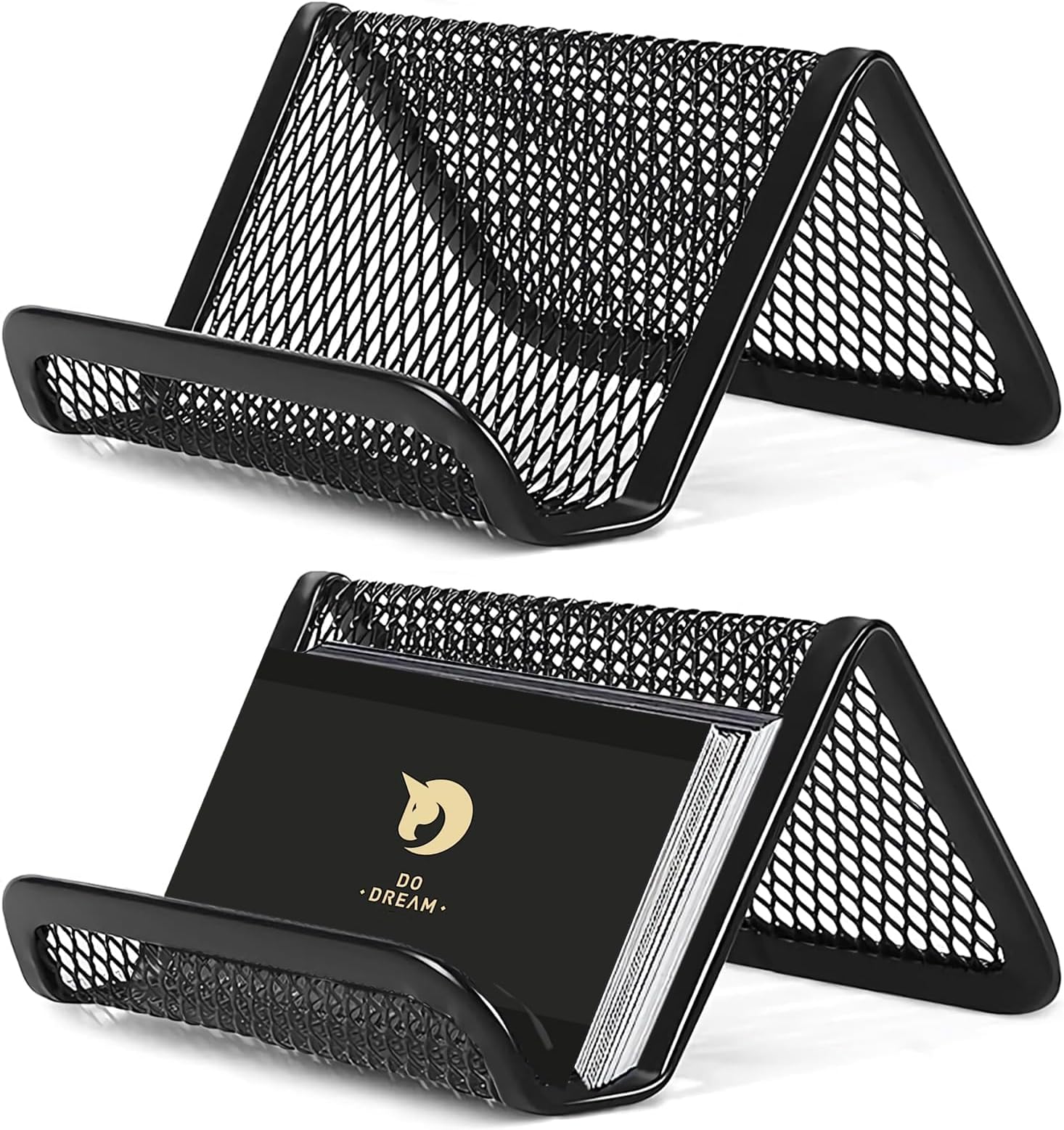 2 Pcs Black Business Card Holder Desk, Wire Mesh Business Card Holder Display, Desktop Business Card Stand, Metal Business Card Display Holder for real estate, Office, Tradeshow, Bar
