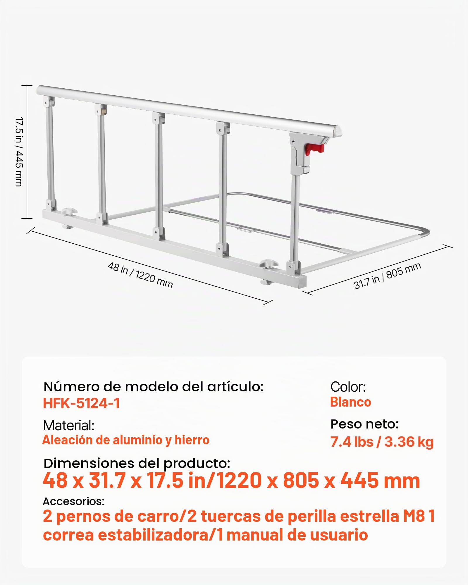 VEVOR Barandilla de Cama Plegable Personas Mayores, 122 cm, con Correa de Sujeción, Protección Anticaídas, Asa de Protección a Las Manos y Protector de Bordes, a Camas King, Queen, Matrimoniales