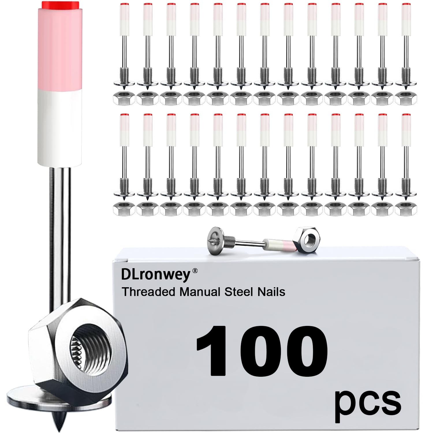DLronwey 100 piezas de clavos redondos con tuerca de rosca M8 para pistola de clavos de hormigón, clavos de hormigón para fijación de paredes, dispositivo de ranurado para cables de techo de hormigón