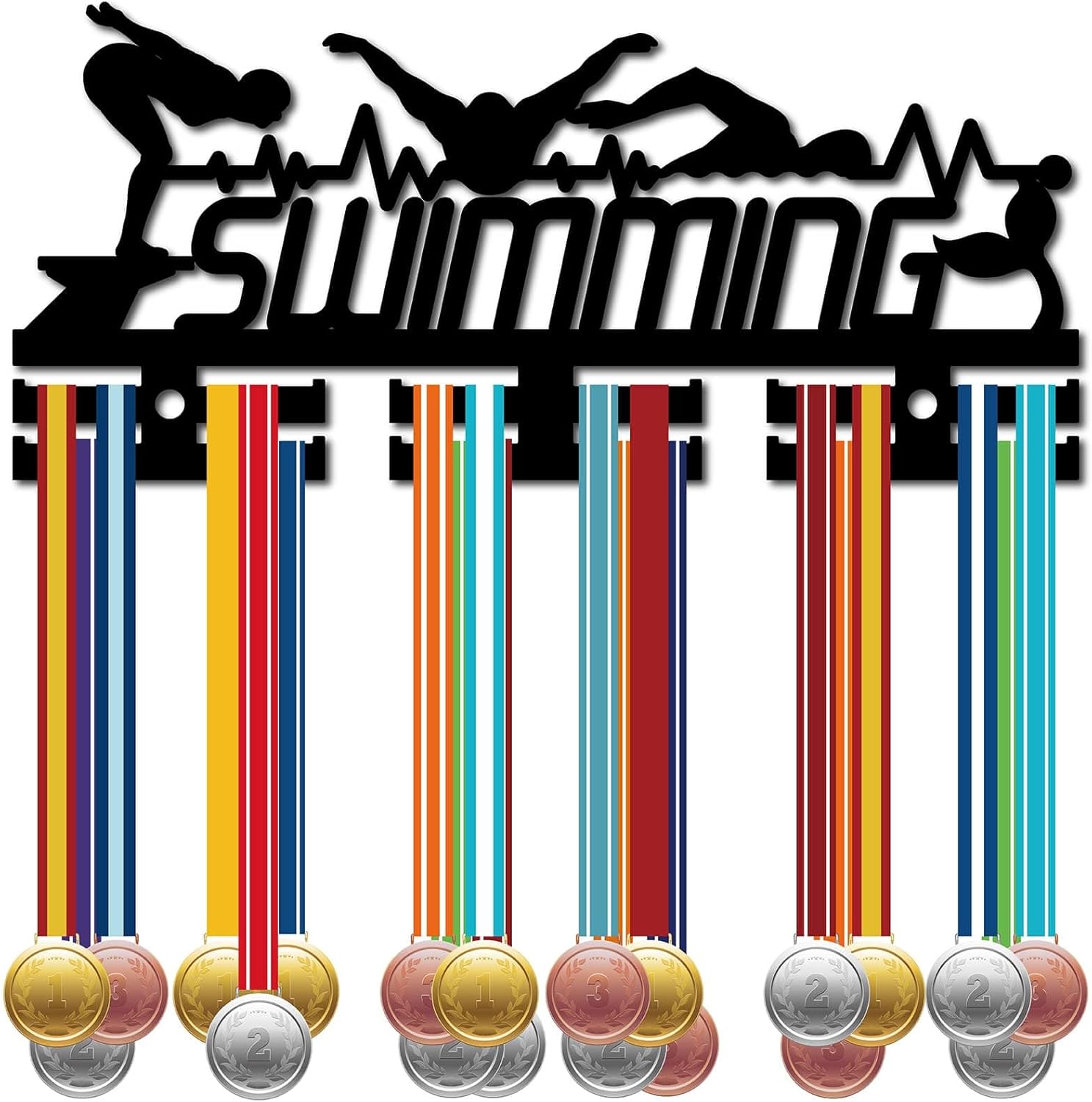 CREATCABIN Cheering Medal Holder Display Hanger Cheerleader Medal Rack Black Acrylic Medal Stand Frame with 12 Hooks Hanging Medals Wall Mounted Hanger Rack Organizer for Dancer Runner 11.4x5Inch