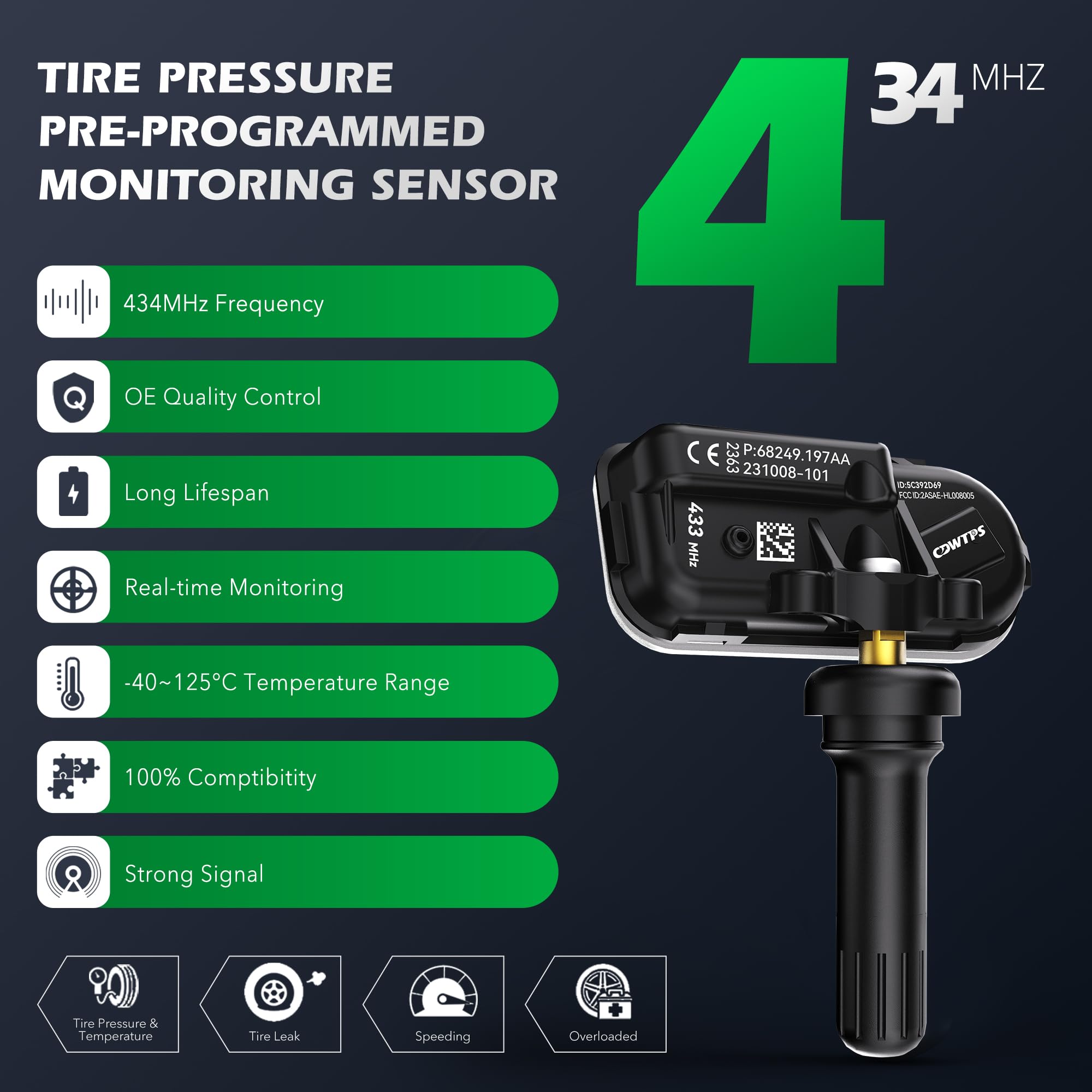 CDWTPS 68249197AA RAM Capteur de pression des pneus (TPMS) 434 MHz 68239720AA 68157568AA Système de surveillance de pression des pneus pour Dodge Ram 1500 2500 3500 2014-2017 (lot de 4)