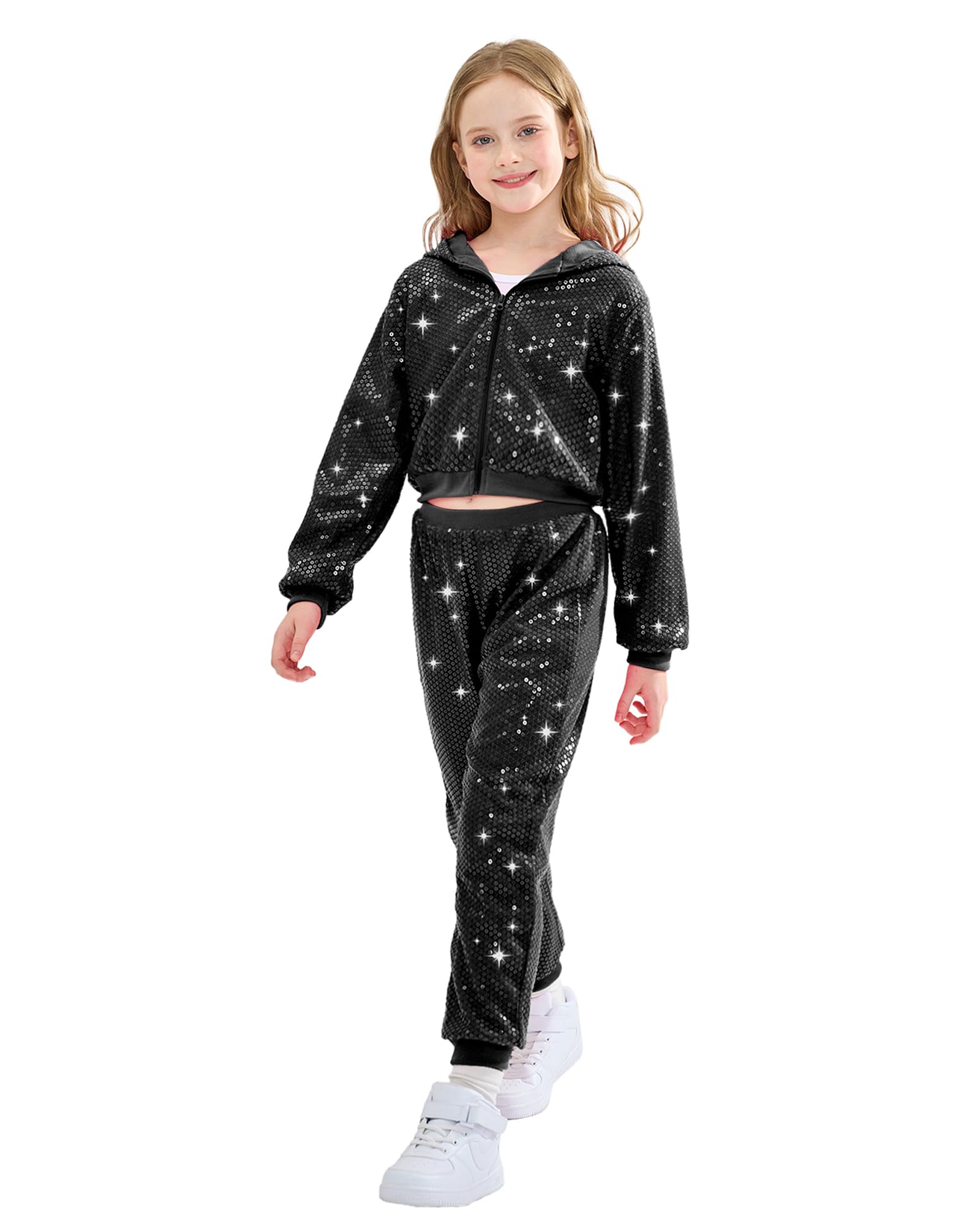 LOLANTA 2Pcs Girls Dance Outfits Cropped Sequin Jacket Pants Set, Kids Hip Hop Dance Costumes for 80s 90s Party 5-15 Years