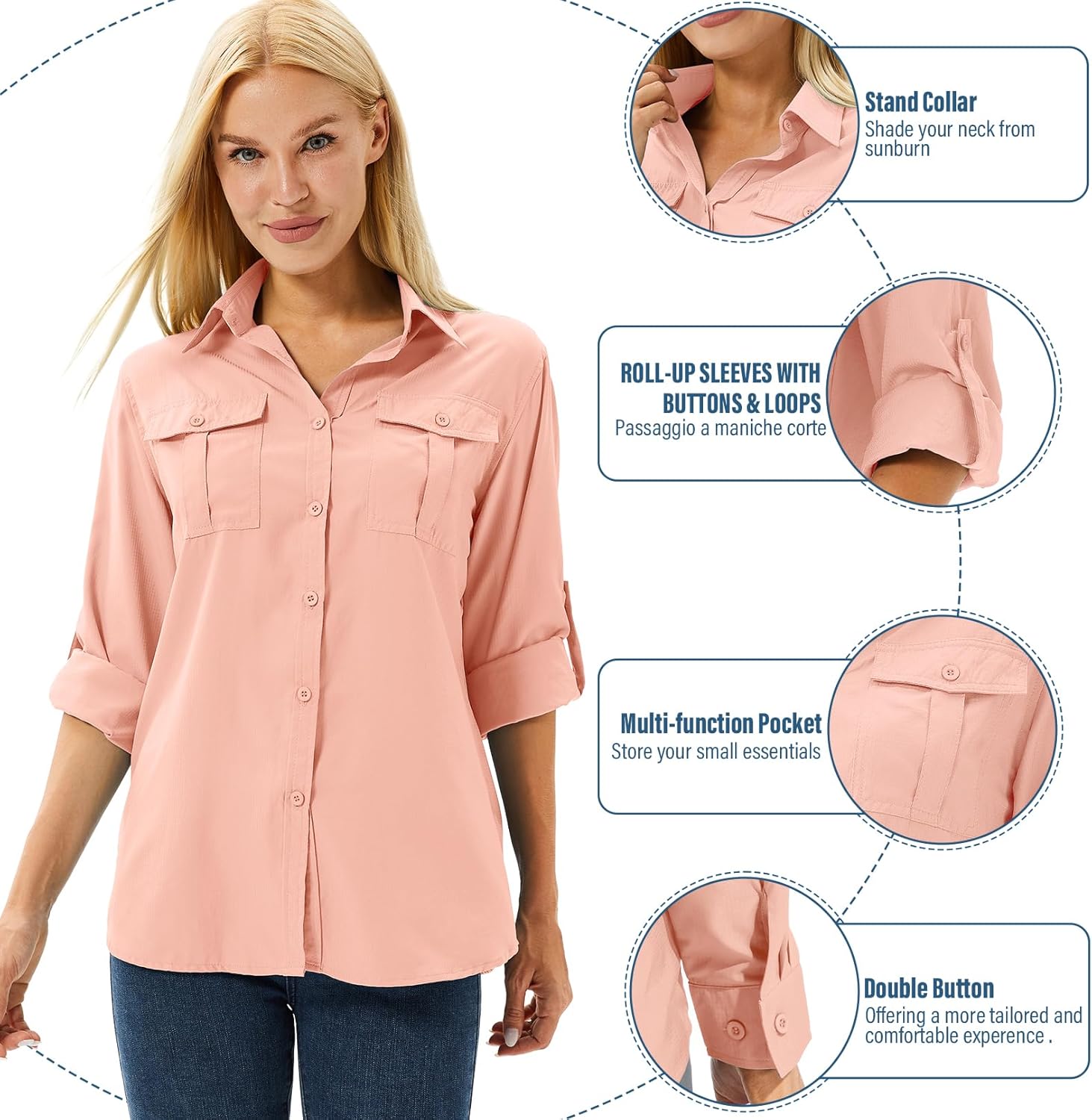 Women's UPF 50 Long Sleeve UV Sun Protection Safari Shirts Outdoor Quick Dry Fishing Travel Hiking Shirts #5070-Pink-L - Image 2