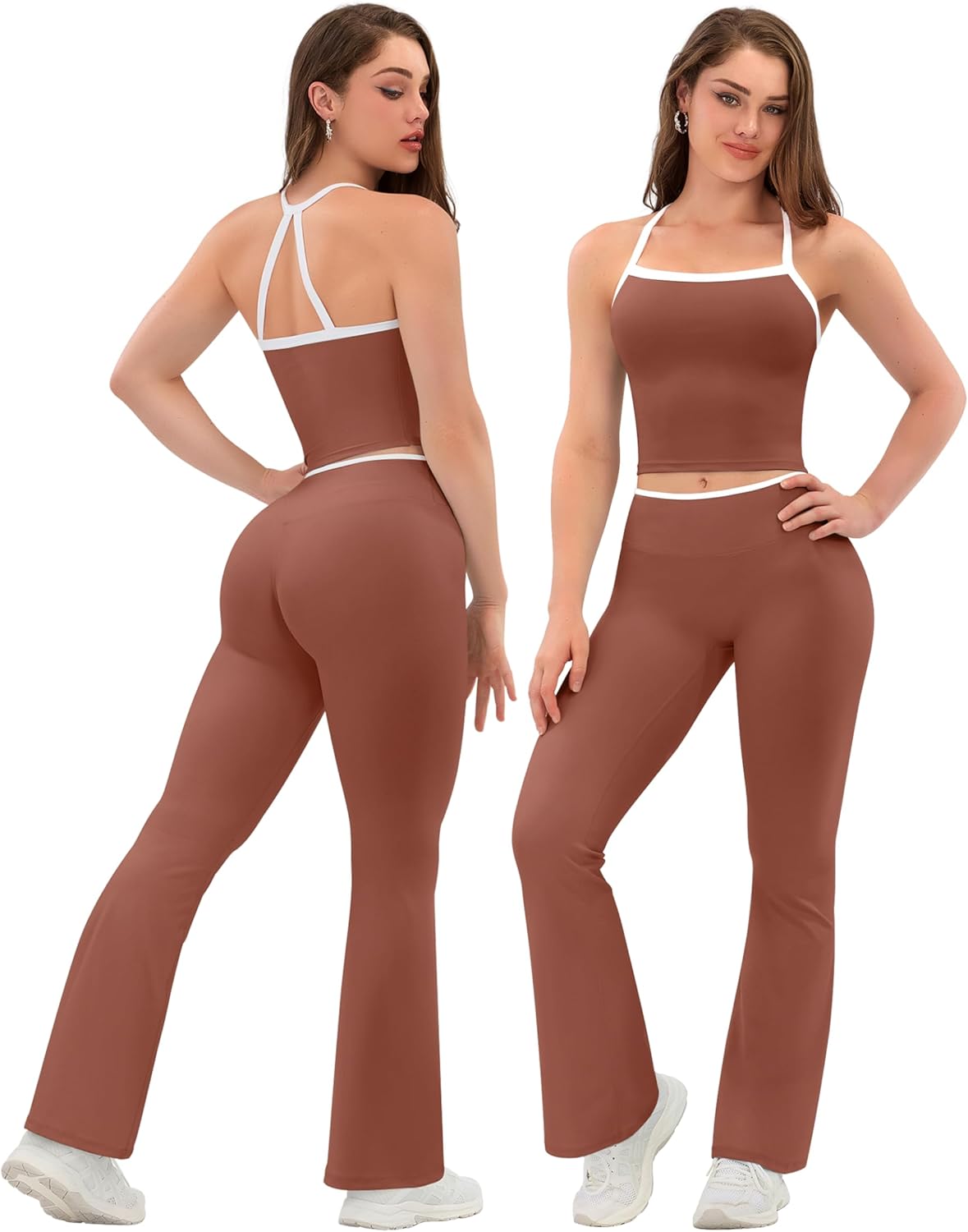 TDIFFUN Women Workout Sets 2 Piece Sleeveless Crop Tank Tops Flare High Waisted Leggings Contrast Trim Gym Yoga Outfits