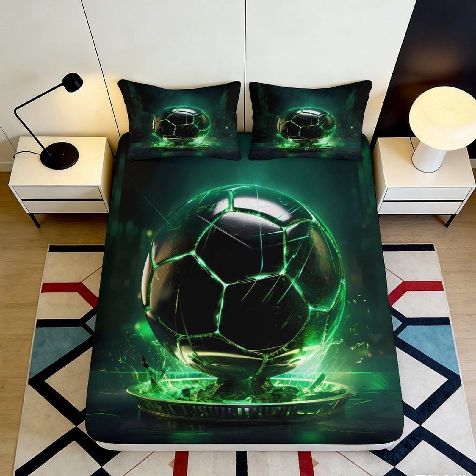 3D Printed Neon Soccer Fitted Sheet Microfiber Black Green Football Bed Cover for Bedroom Guest Room Mattress Protection 90x200x25cm