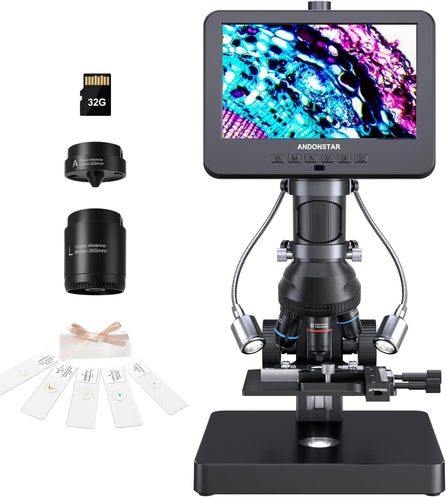 AD266S 20X-5000X HDMI Digital Microscope, 5 Lens 2160P UHD Video Record, 7'' LCD Microscope for Adults Kids, Home Lab Biological Kit with Slides, Coin Full View