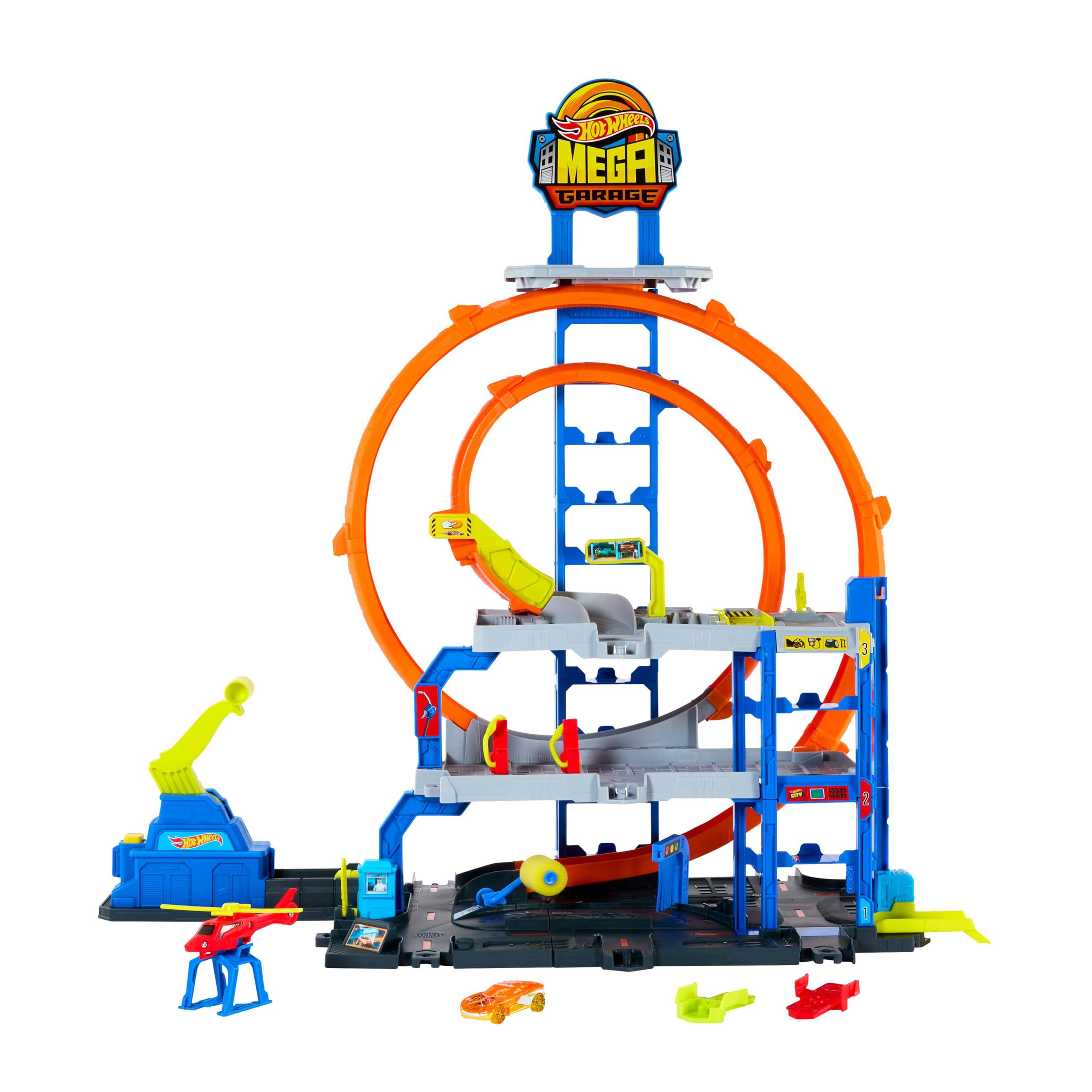 Hot Wheels Mega Loop Garage Spielset mit Auto & Hubschrauber | Spielset mit Die-Cast-Auto & -Hubschrauber, 2 Loopings, Platz für 36 1:64 Autos, Speed Snap Adapter, JLC05