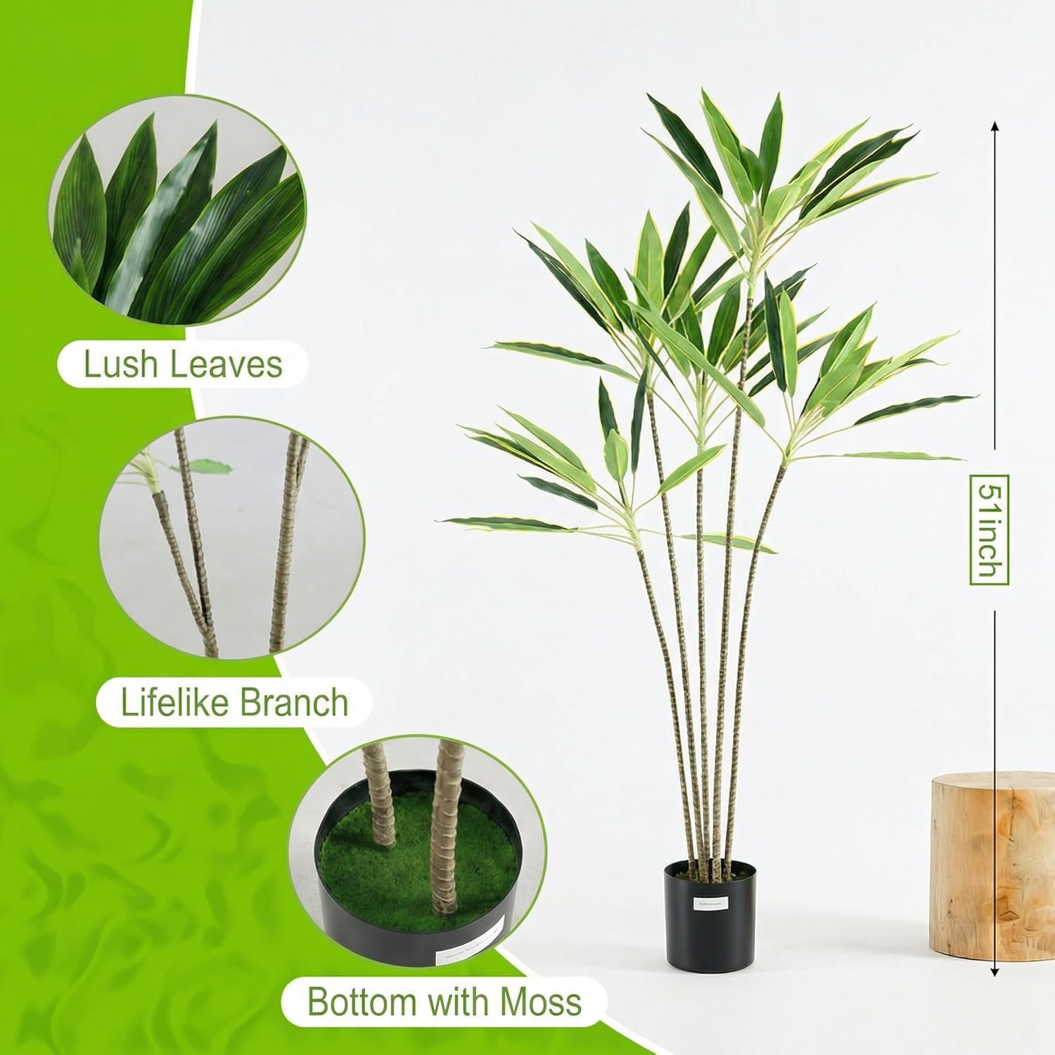 Simple Deluxe 51 Inch Indoor Artificial Dracaena, Lifelike Faux Plant with Black Planter Pot, Maintenance-Free Artificial Silk Tree for Home, Office, Living Room & Porch Decor