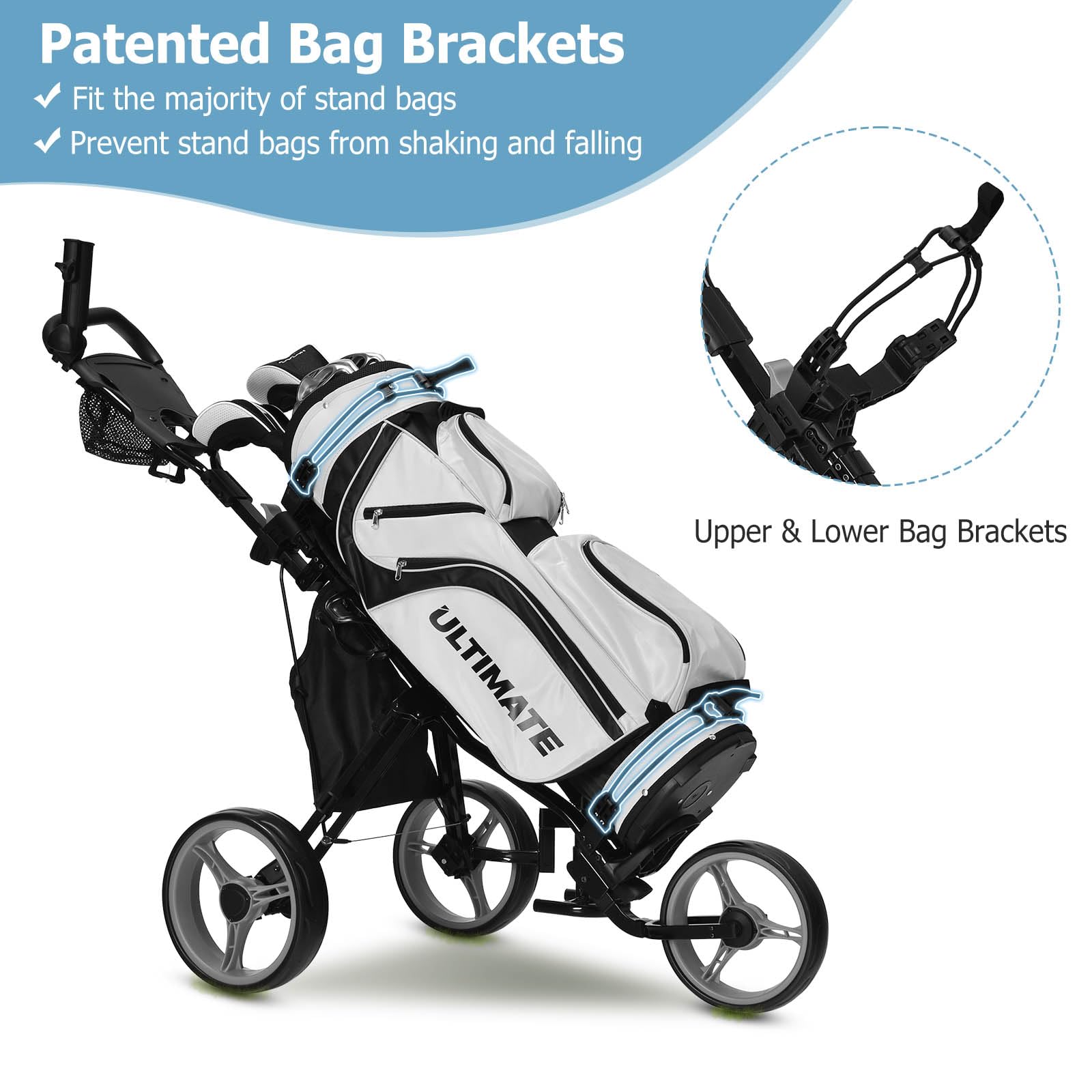 LIFEZEAL Chariot de Golf Pliable à 3 Roues, Voiturette Golf avec Tableau de Bord & Porte-Parapluie, Sac de Rangement & Frein, Siège Hauteur Réglable 58-65 cm, Charge de 100 kg