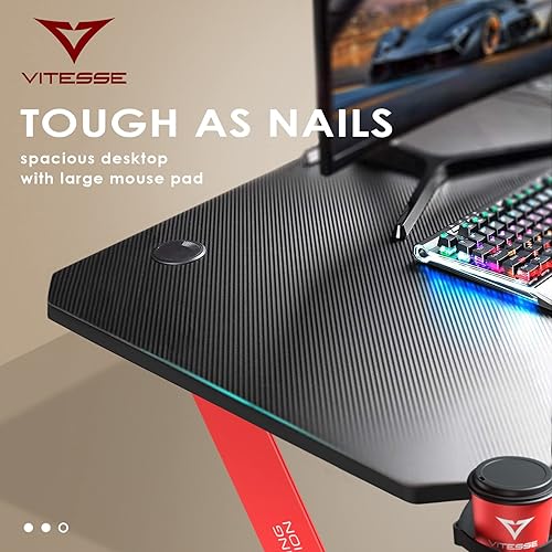 Miniatura 5 de VITESSE Escritorio ergonómico para juegos, escritorio de computadora de oficina en forma de Z con alfombrilla grande para el mouse, mesas de juego