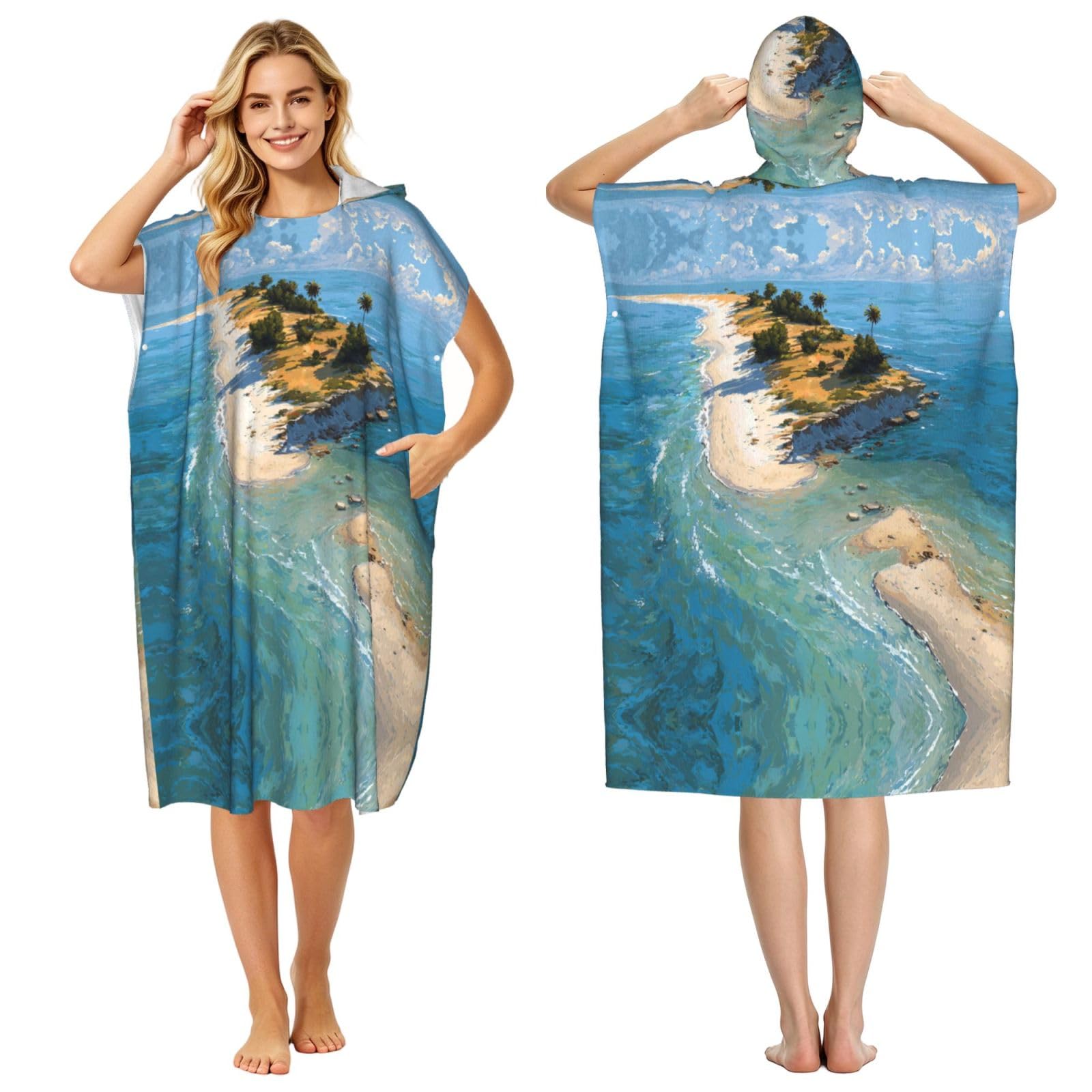 ESNAIUVCD Island Beach Print Changing Robe, Hooded Towel Poncho For Swimming Pool, Beach,Quick Dry Light Weight Towelling Poncho