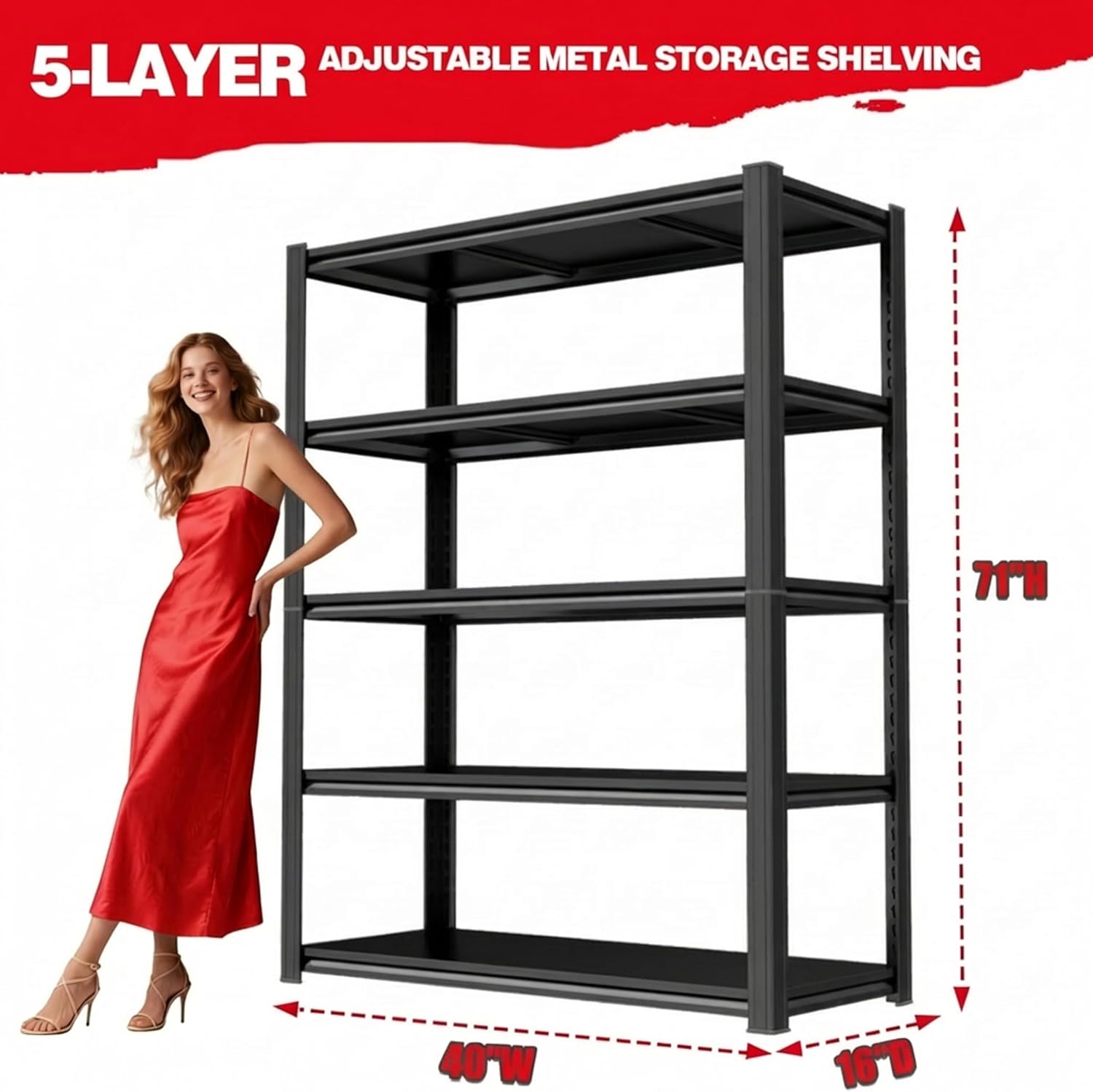 71"H Metal Storage Shelves, 3000lbs Heavy Duty Garage Storage Shelves, Adjustable Garage Shelving Unit, 5 Tier Industrial Utility Rack Upgraded Double-Layer Column for Warehouse,Basement, 40"W×16"D