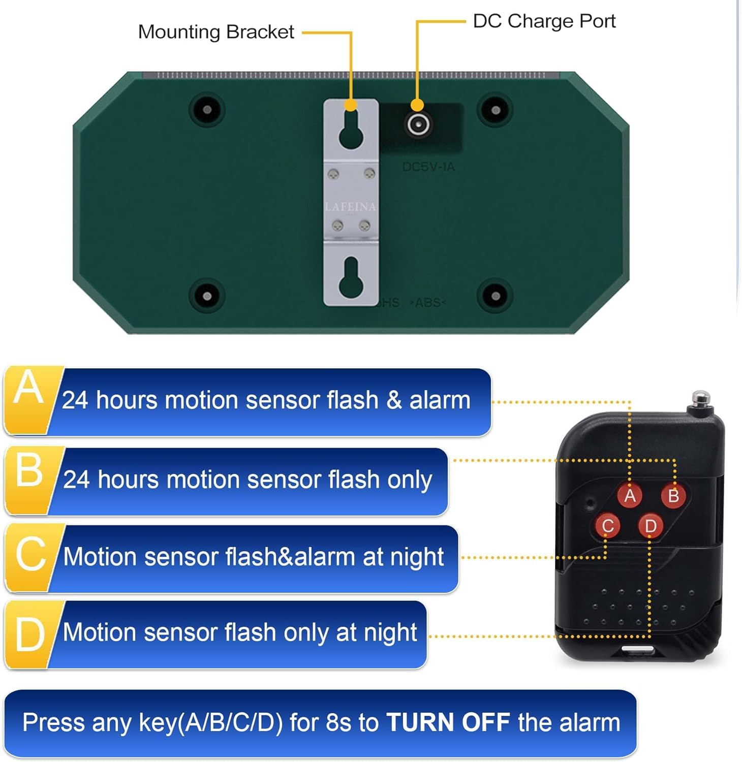 Solar Bewegungsmelder Alarm mit 13Sounds & Aufzeichnung & Einstellbare Lautstärke,130db Dual Lautsprecher Schussgeräuschen Hundegebell Sound Stroboskoplicht,Sirene und Strobe Alarm (1)