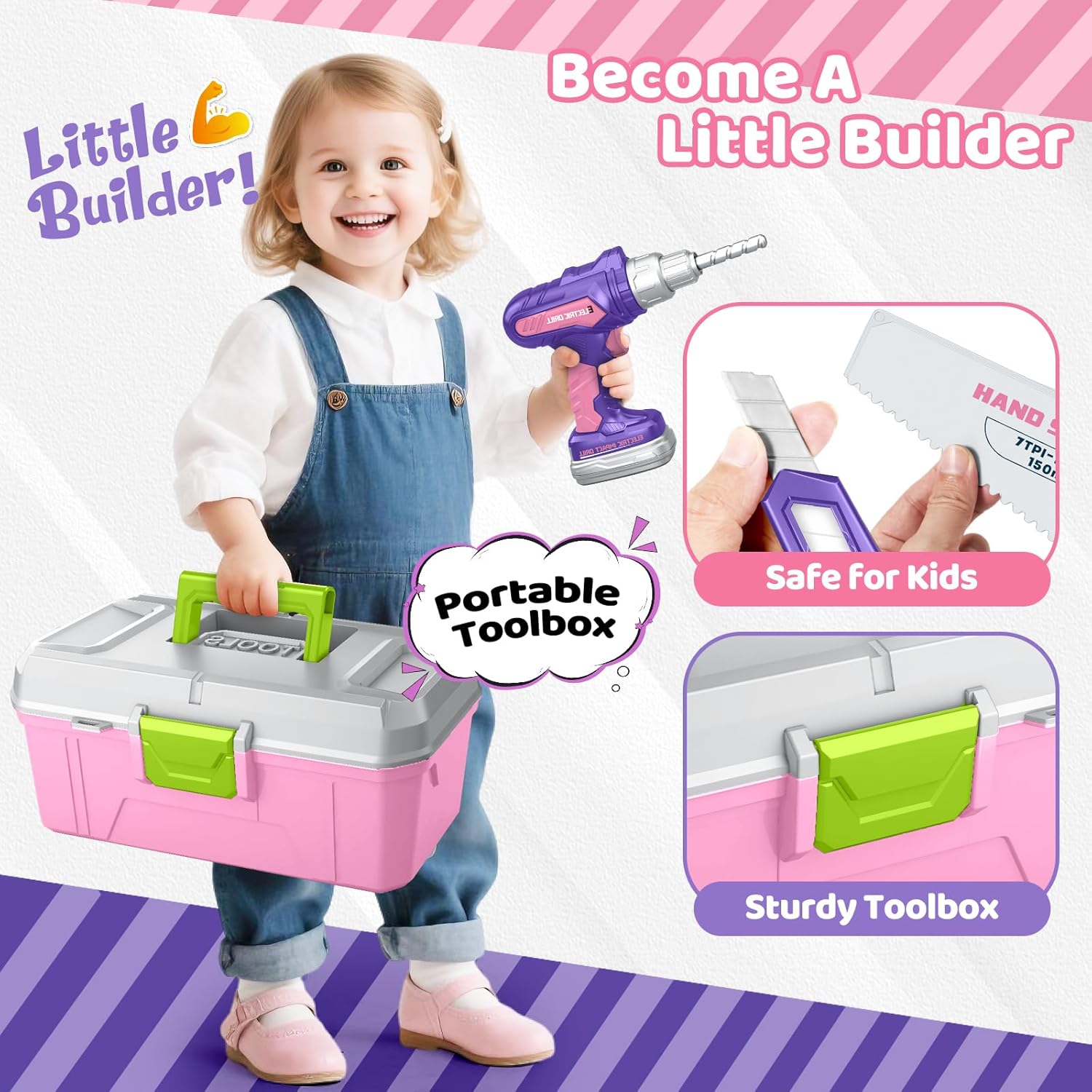 Kids Tool Set with Portable Tool Box & Electronic Toy Drill, Toddler Tool Set, Construction Tools for Kids Ages 3 4 5 6, 46 Pcs Tool kit for Christmas & Birthday Gifts for Girls