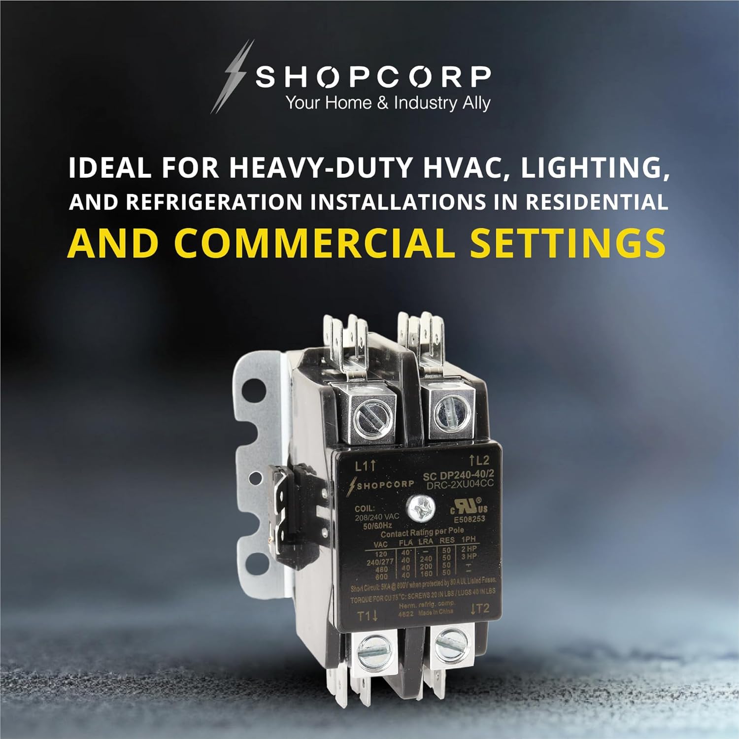 2 Pole AC Contactor 40 Amp – 220V / 240V Coil, Definite Purpose Magnetic Contactor for Motor Load, HVAC, Refrigeration, Lighting & Heat Pump, UL Listed
