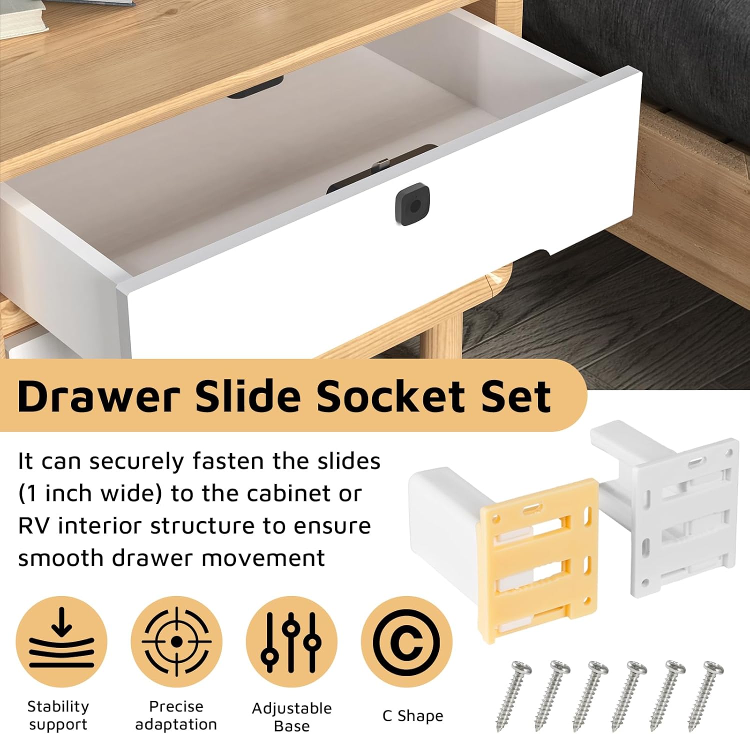 Drawer Slide Socket Set, Rv Drawer Slides, Drawer Track Back Plate, Cabinet Drawer Hardware, Kitchen Drawer Slides Hardware Replacement, Fit for 1 Inch Drawer Slide, C-Shaped(with 6 Screws)