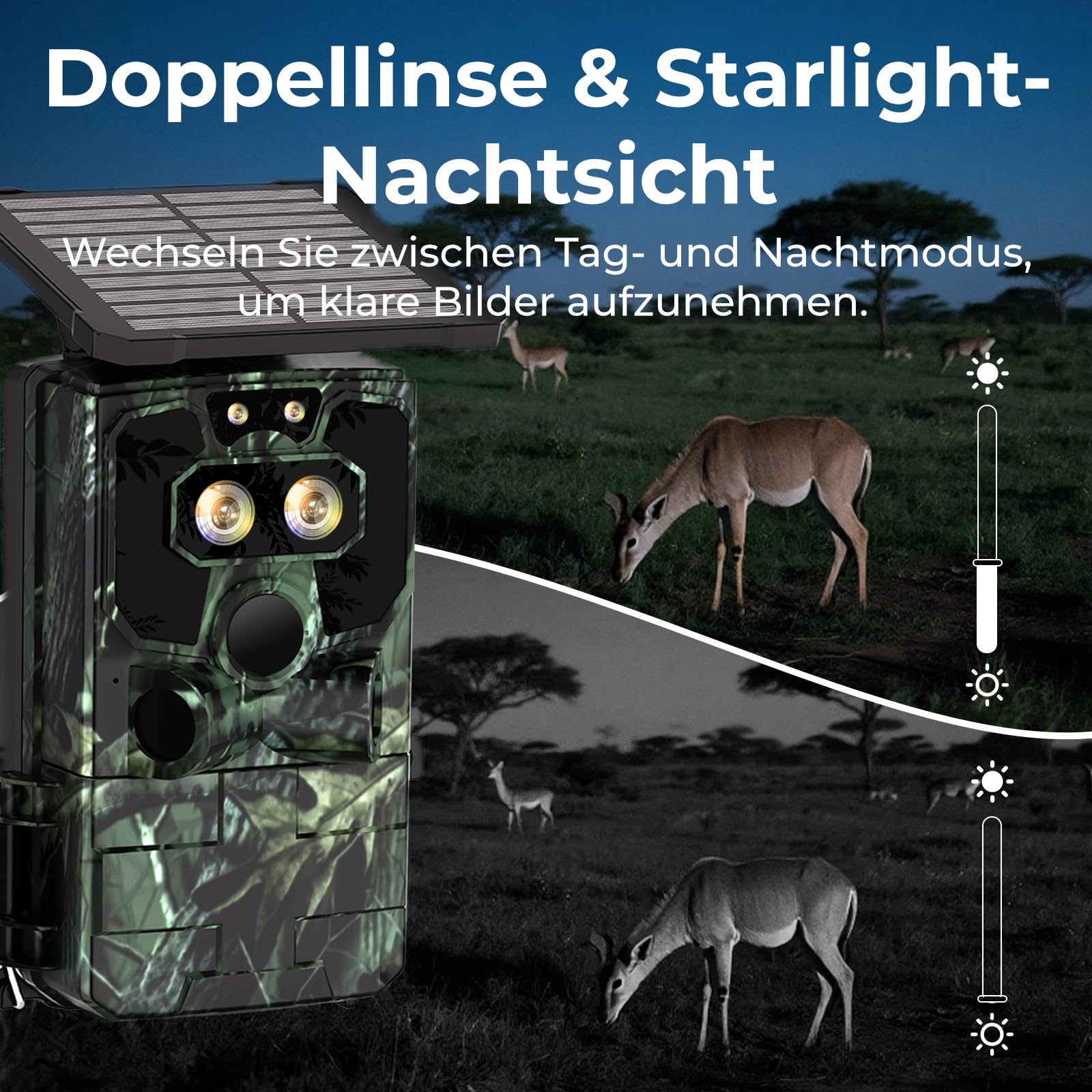 VOOPEAK Duales Objektiv Solar Wildkamera WLAN 4K 60MP, Sternenlicht Nachtsicht Wildkamera mit Handyübertragung APP, Wildtierkamera mit Nachtsicht Bewegungsmelder 0,1S Auslösezeit IP66 Wasserdicht