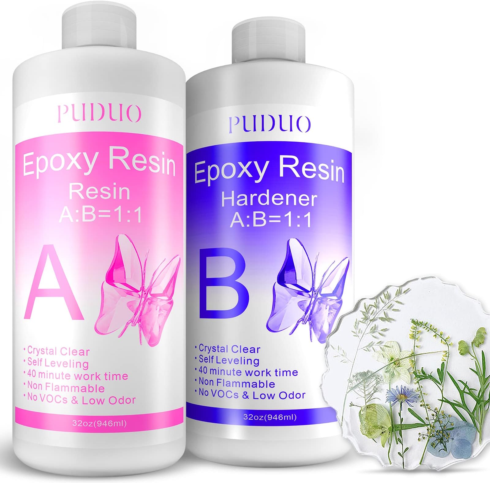 Epoxy Resin Clear Kit 64 OZ for Art, Jewelry Making, Crafts, Keychain - Including 32 OZ Resin and 32 OZ Hardener, Fast Curing 2 Part AB Epoxy Casting Resin by Puduo