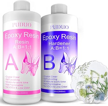 Epoxy Resin Clear Kit 64 OZ for Art, Jewelry Making, Crafts, Keychain - Including 32 OZ Resin and 32 OZ Hardener, Fast Curing 2 Part AB Epoxy Casting Resin by Puduo
