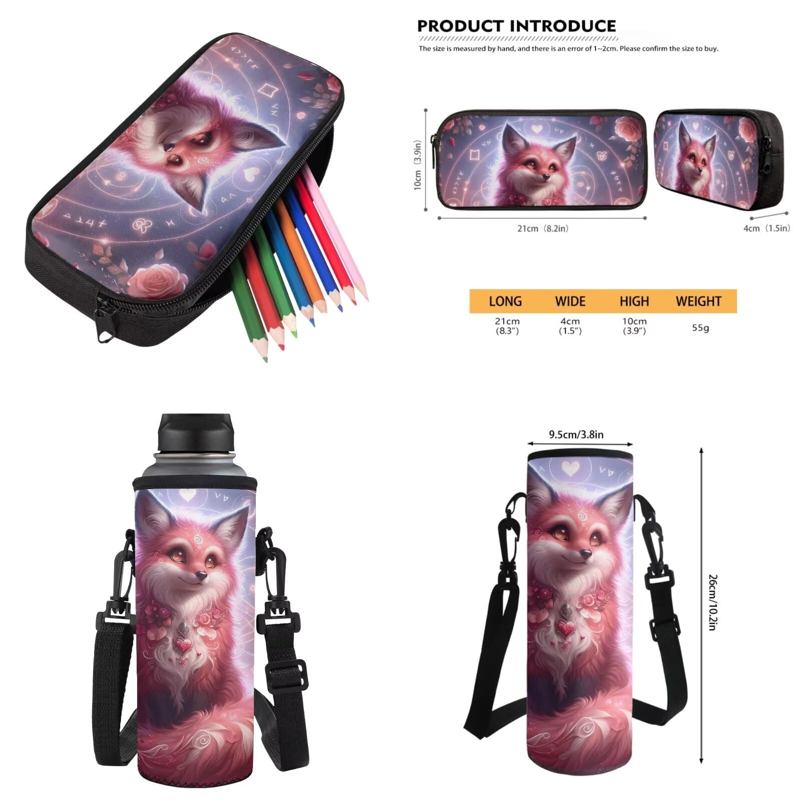 4-teiliges Schultaschen-Set, Rucksack, Lunchtasche, Federmäppchen, Wasserflaschen-Tragetasche für Jungen und Mädchen, Pink-Fuchs, Schulranzen-Set