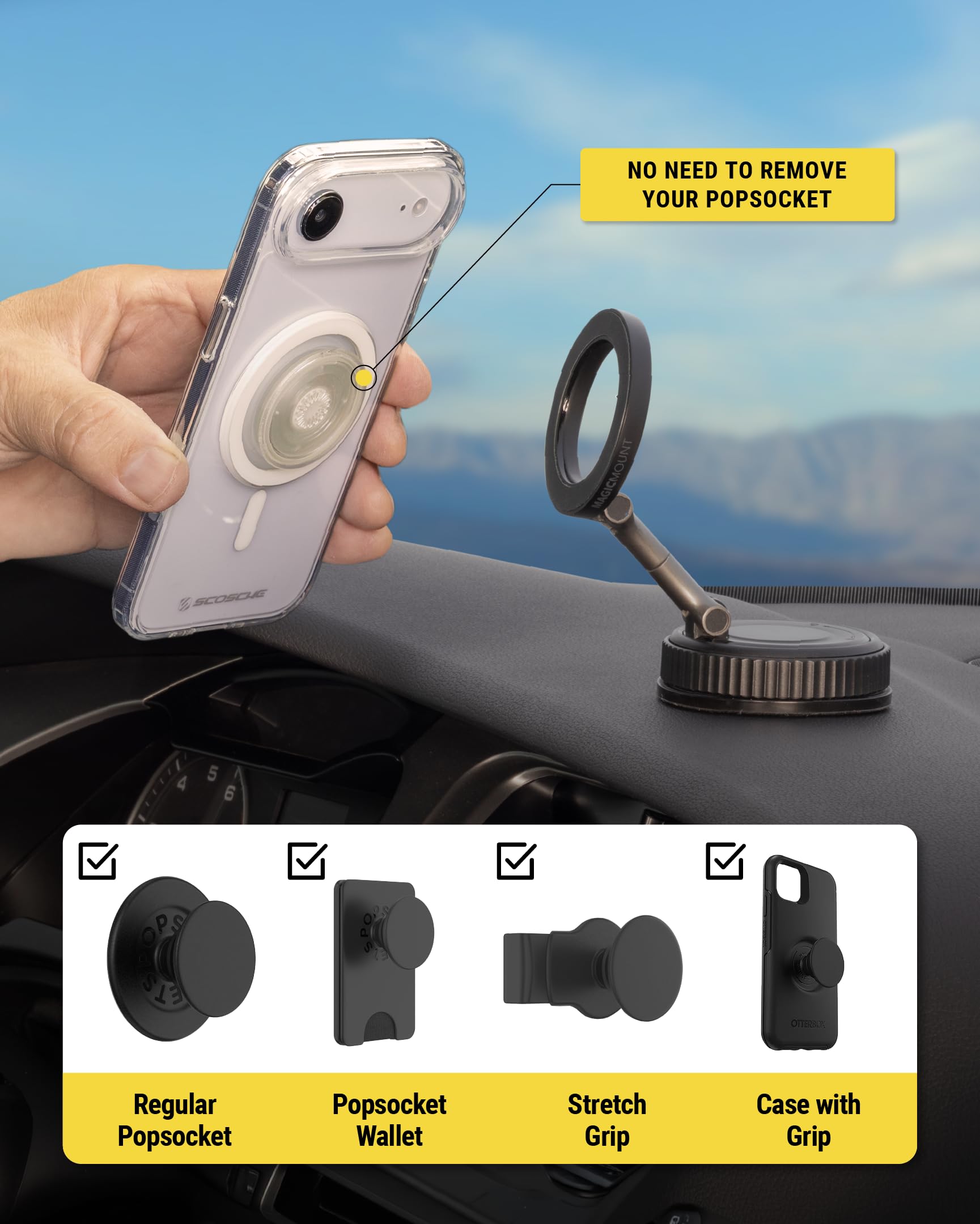 Scosche GoAnywhere MagSafe Car Mount with 360° Rotating Neck & Twist-to-Lock Suction Base, Magnetic Car Phone Holder for Dashboard, Windshield & Floating Car Screen, Compatible with PopSockets, iPhone view 5