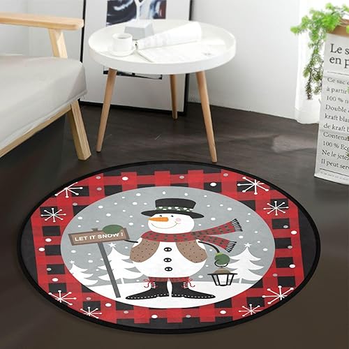 Bonita alfombra redonda de muñeco de nieve de 3 pies lavable para dormitorio, sala de estar, alfombra circular de Navidad a cuadros de búfalo,