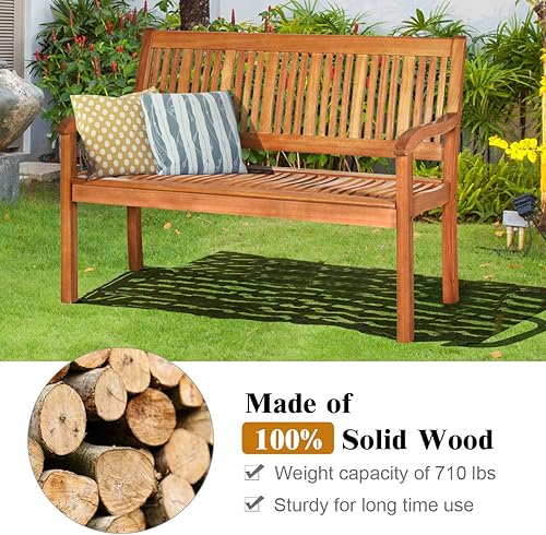 Miniatura 7 de Tangkula Banco de madera para exteriores, banco de jardín de madera maciza para dos personas con respaldo curvado y reposabrazos anchos, banco