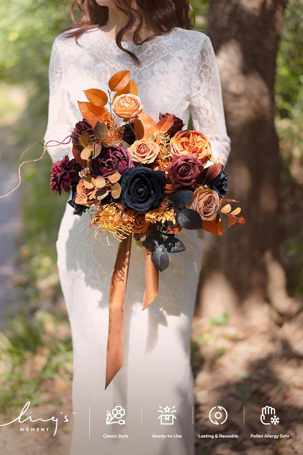 Ling's moment Fake Flowers Box, Faux Artificial Greenery Stems Foam Roses Silk Peony Eucalyptus Fabic Flower for Centerpieces Bouquet Wedding Vase Floral Decorations, Black & Orange, Grand Combo - Image 2