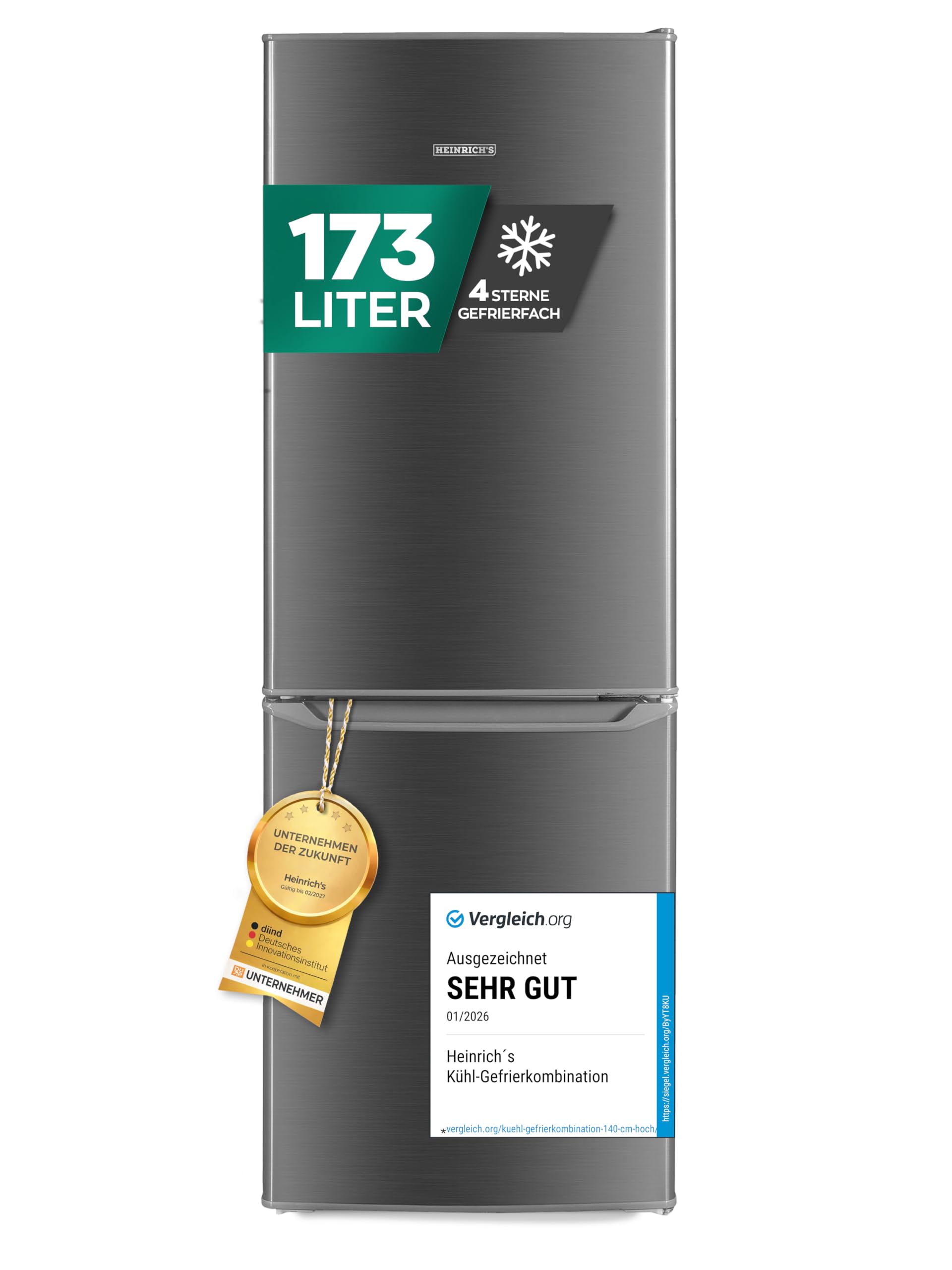 Heinrichs Kühlgefrierkombination 173 L – freistehend, leise, LED-Beleuchtung