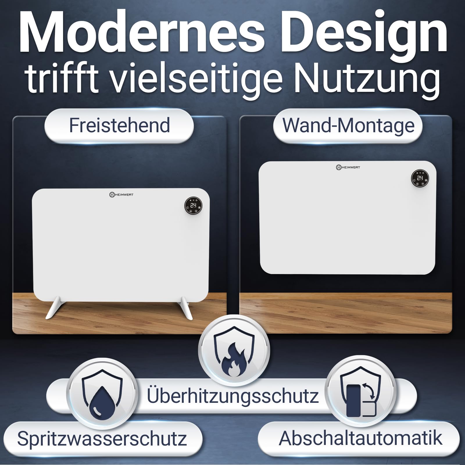 HEIMWERT Infrarot Wandheizung - Sofort Wohlfühlwärme - Senkt Heizkosten enorm - Luxusausstattung mit Thermostat + App - Langlebig, Geräuschlos - 2in1 Wandmontage und Standgerät (weiß - 450Watt)