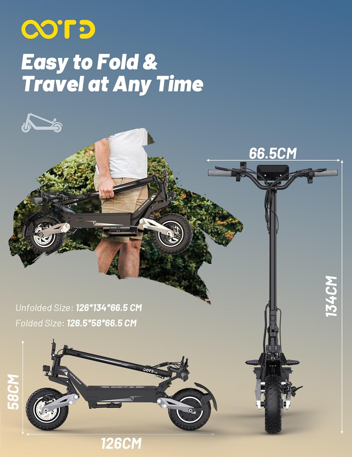 OOTD T10 Electric Scooter folded and unfolded with dimensions