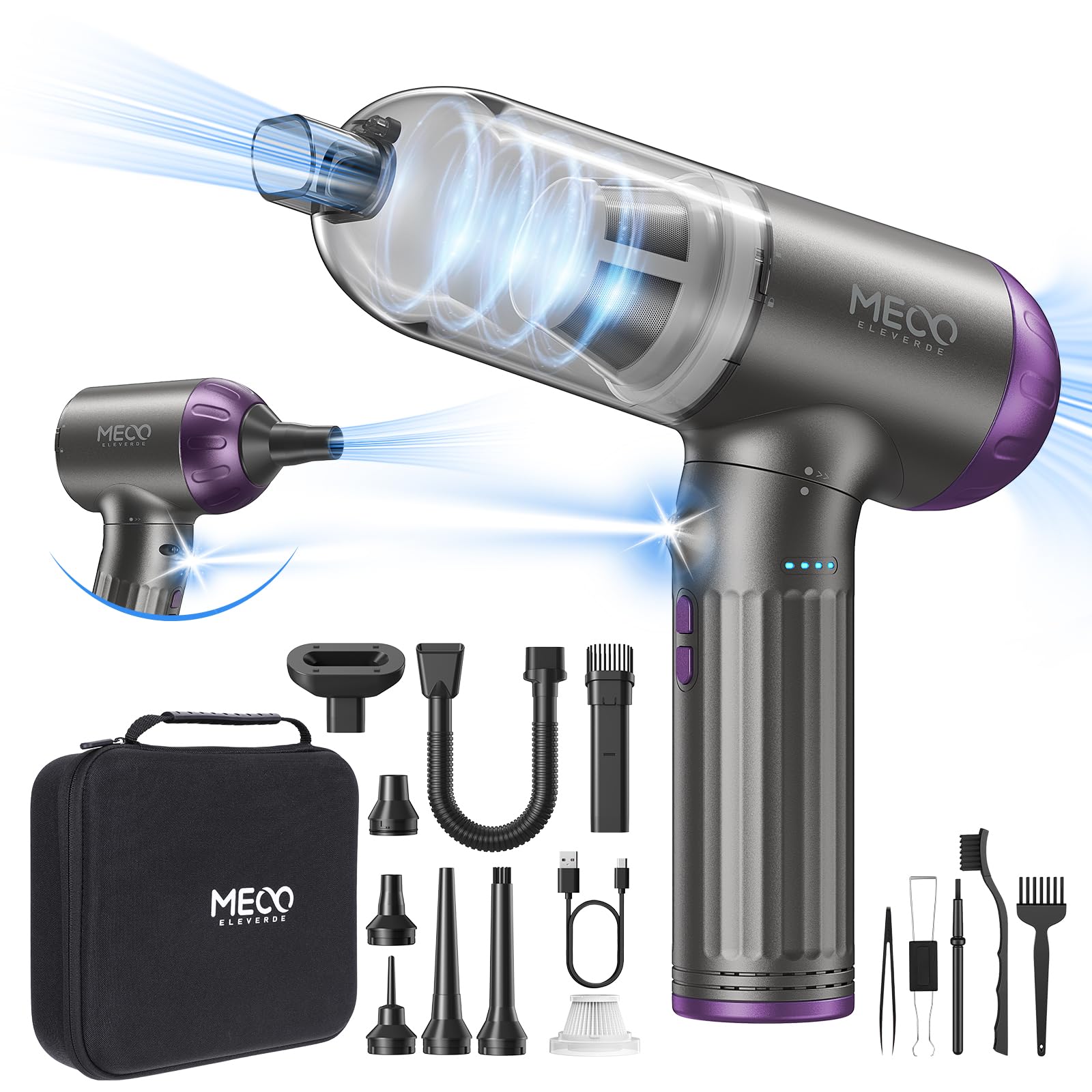 MECO ELEVERDE 4-in-1 Handstaubsauger Akku, Elektrische Staubgebläse 130000U/min 3-Gang Auto Staubsauger mit Bürstenloser Motor und LED-Licht, Tastatursauger Druckluftspray für PC, Sofa, Auto (Lila)