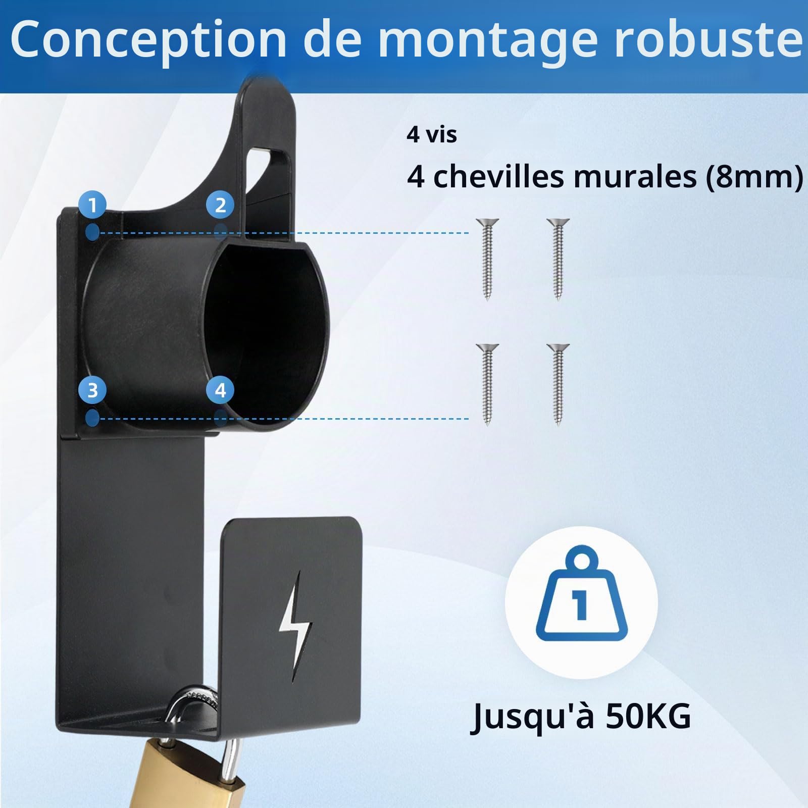 TWSOUL Chargeur mural de type 2 EV, support de câble de charge, support mural pour voitures électriques avec cadenas verrouillable, pour la plupart des véhicules électriques de l'UE