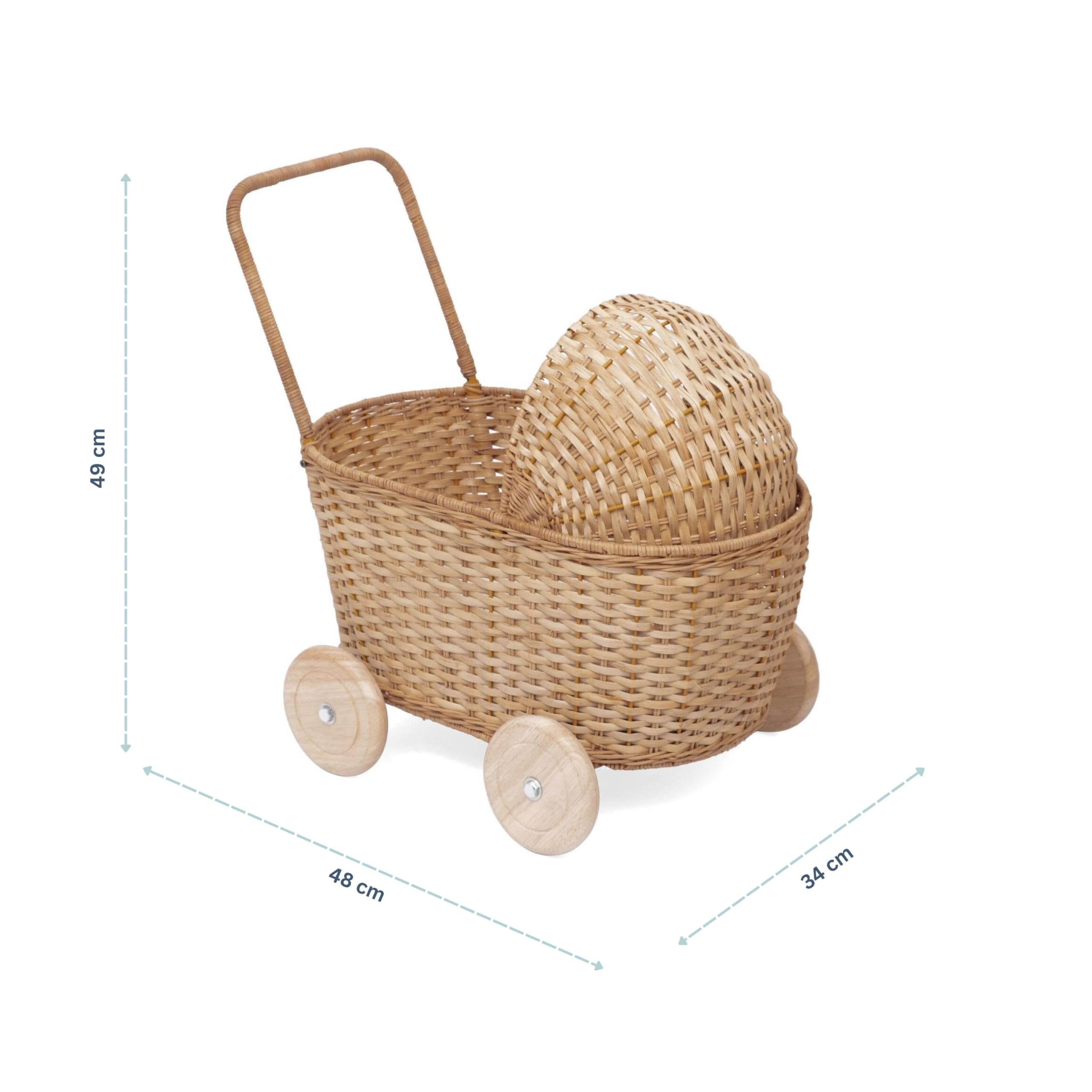 GON Stroller – 3 in 1 Rattan Puppenwagen, Einkaufwagen & Lauflernwagen für Kinder | Handgeflochtener Puppen-Buggy aus Naturmaterialien mit Kissen & Matratze | Holzpuppenwagen ab 1 Jahr - Natural