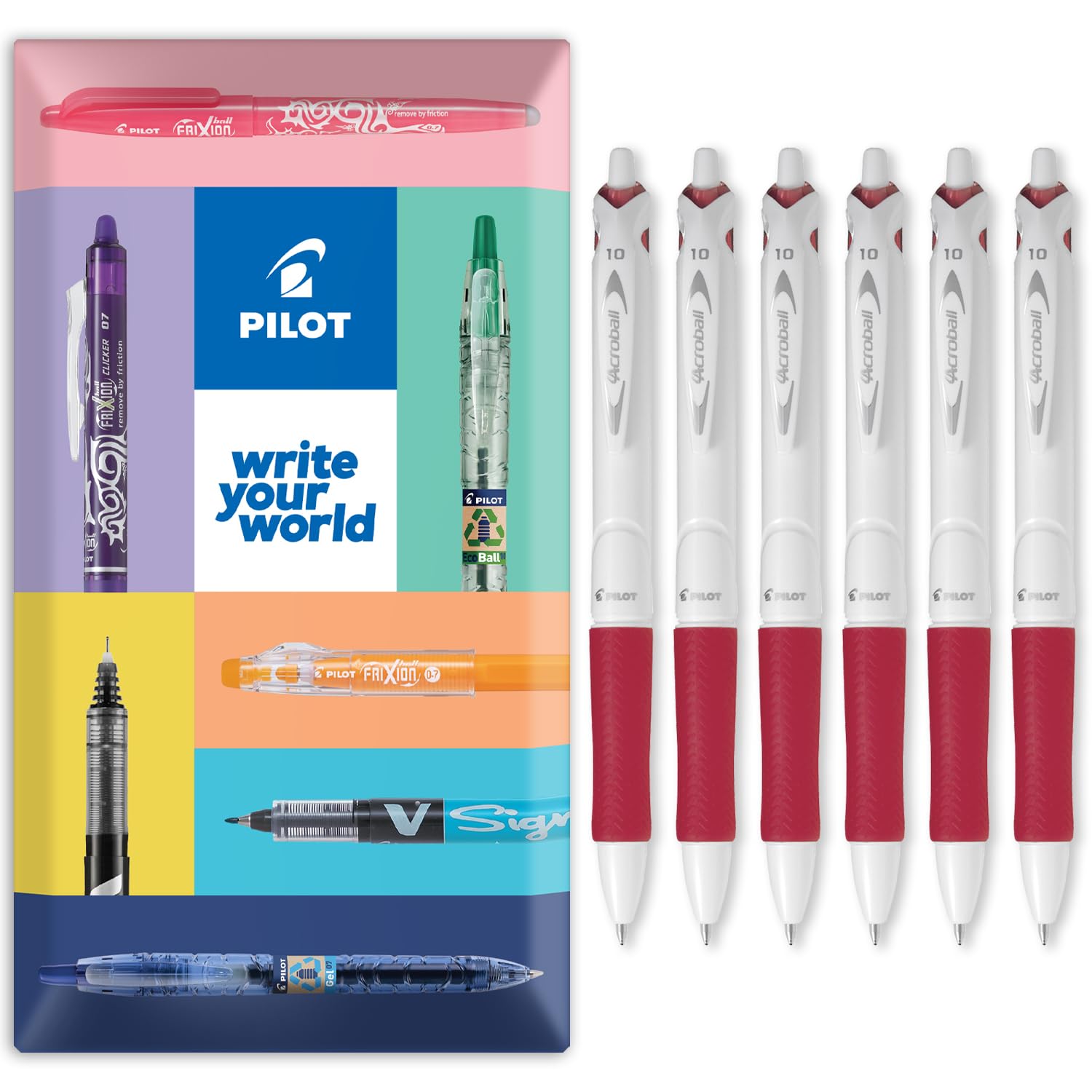 PILOT Acroball Pure White Retractable Ballpoint Pen - Begreen Range 79% Recycled - Pack of 6 Pens - Medium 1.0mm Nib - In Envelope Gift Packaging - Ideal for Writing, School, Home, Office. (Red)