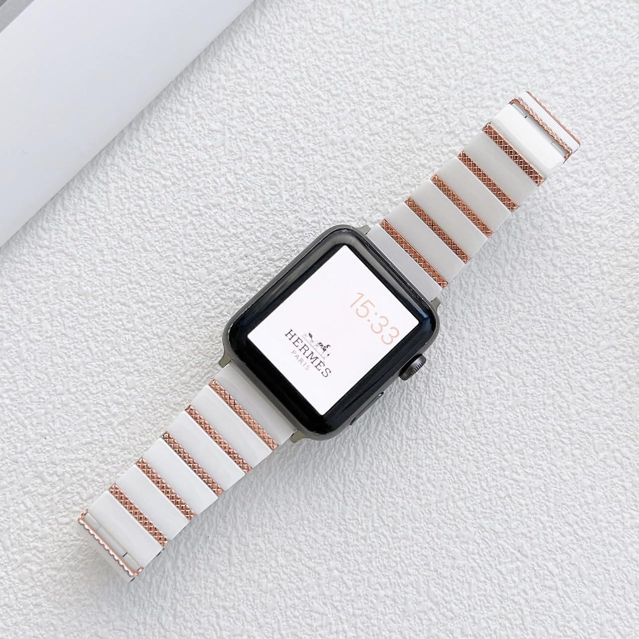 Ceramic WristBand,Ceramic Inlaid Metal Strip Link Bracelet Strap,for Apple Watch Series 11/10/9/8/7,Ultra 3/2/1,SE 3/2/1 [2025] (46mm/45mm/44mm/49mm,White/Rose Gold)