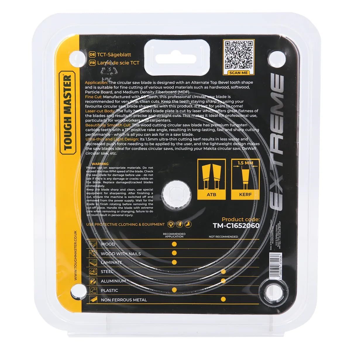 TOUGH MASTER Lama per sega circolare, 165 mm, professionale, in TCT, 165 x 20 x 60 denti, ideale per legno, legno con chiodi, laminato, plastica, adatta a Bosch, Makita, DeWalt, confezione da 5